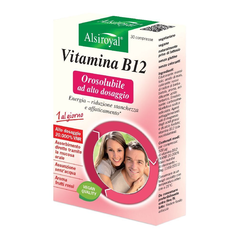 Confezione di Vitamina B12 Orosolubile Alsiroyal. Scatola rosa e bianca con testo e foto di una coppia. Qualità vegana.