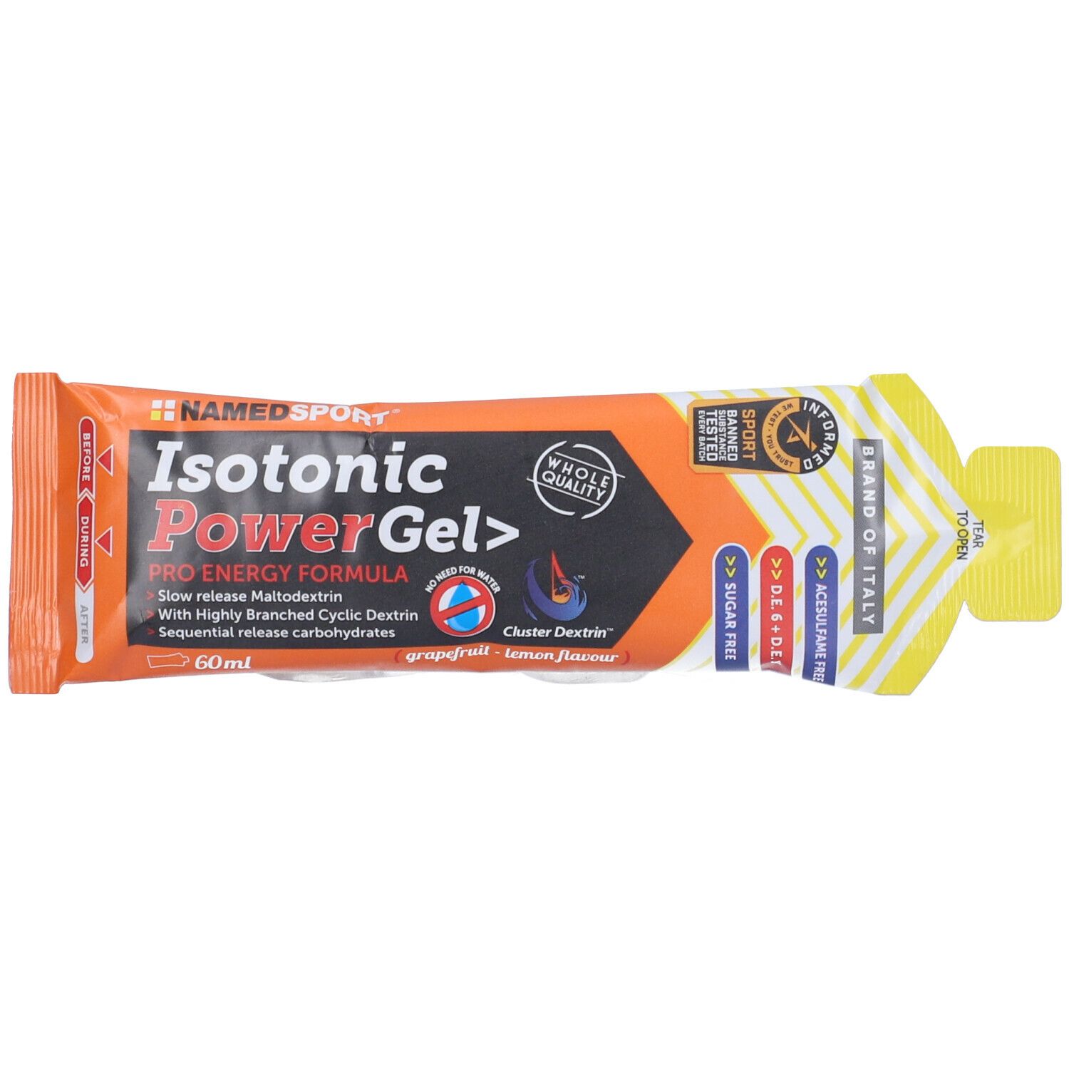 Confezione gel Isotonic Power Gel. Design arancione e bianco. Gusto pompelmo-limone. Senza zucchero.