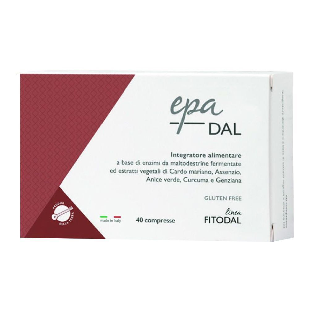 Scatola "Epadal 40 Compresse Fitodal". Bianca con accento rosso. Testo: "Integratore alimentare".