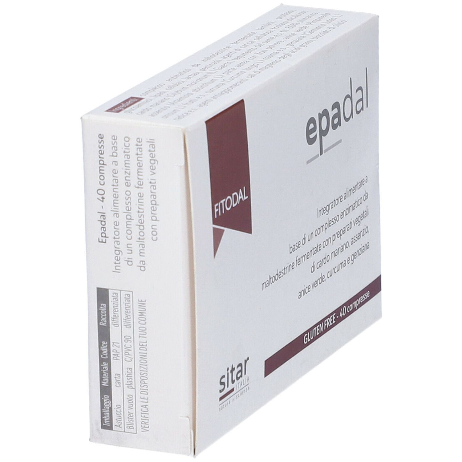 Scatola "Epadal 40 compresse". Bianca con accento rosso. Testo: "Integratore alimentare".