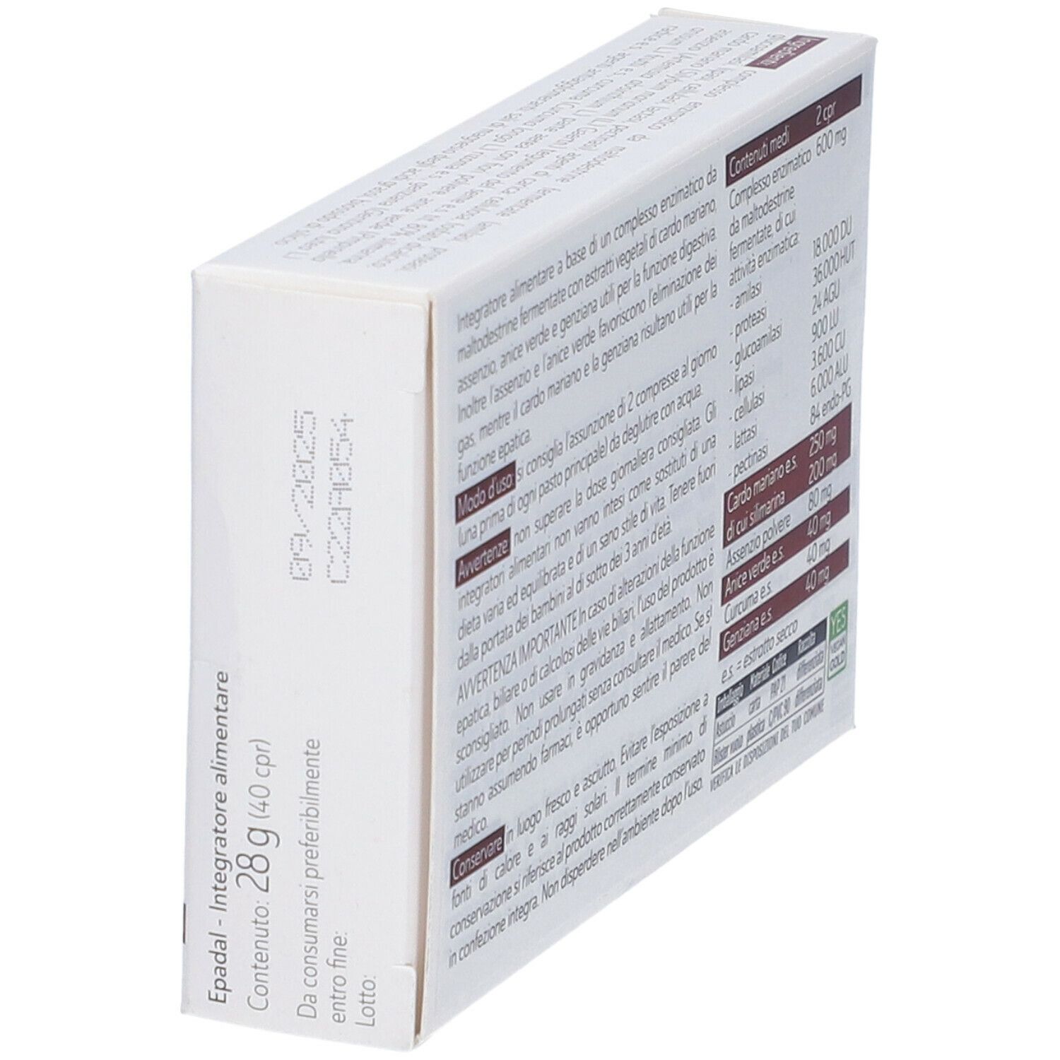 Scatola "Epadal - Integratore alimentare". Testi: ingredienti, data di scadenza.