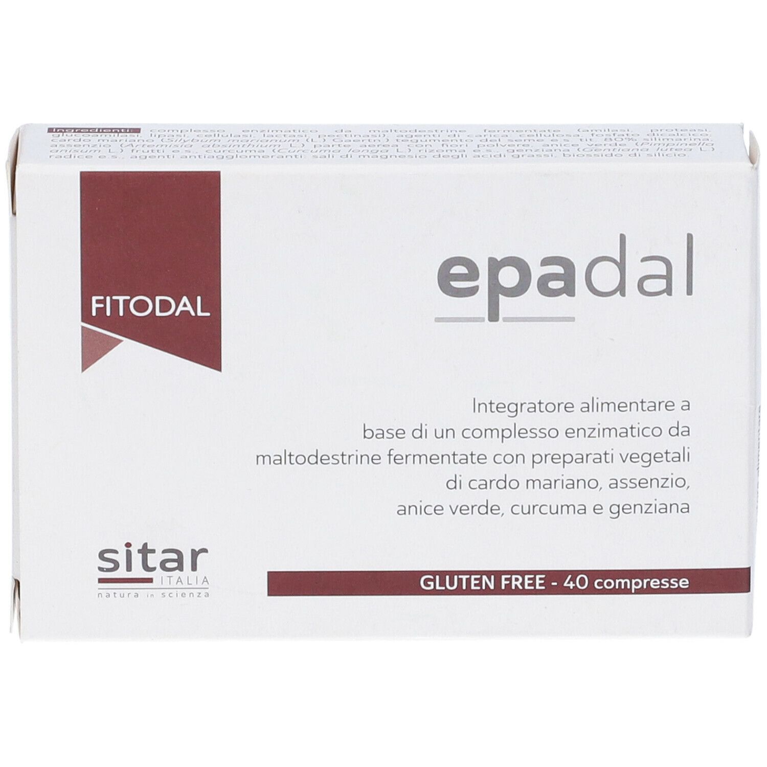 Scatola bianca "Epadal". Testi: "Integratore alimentare" e "Gluten Free - 40 compresse".