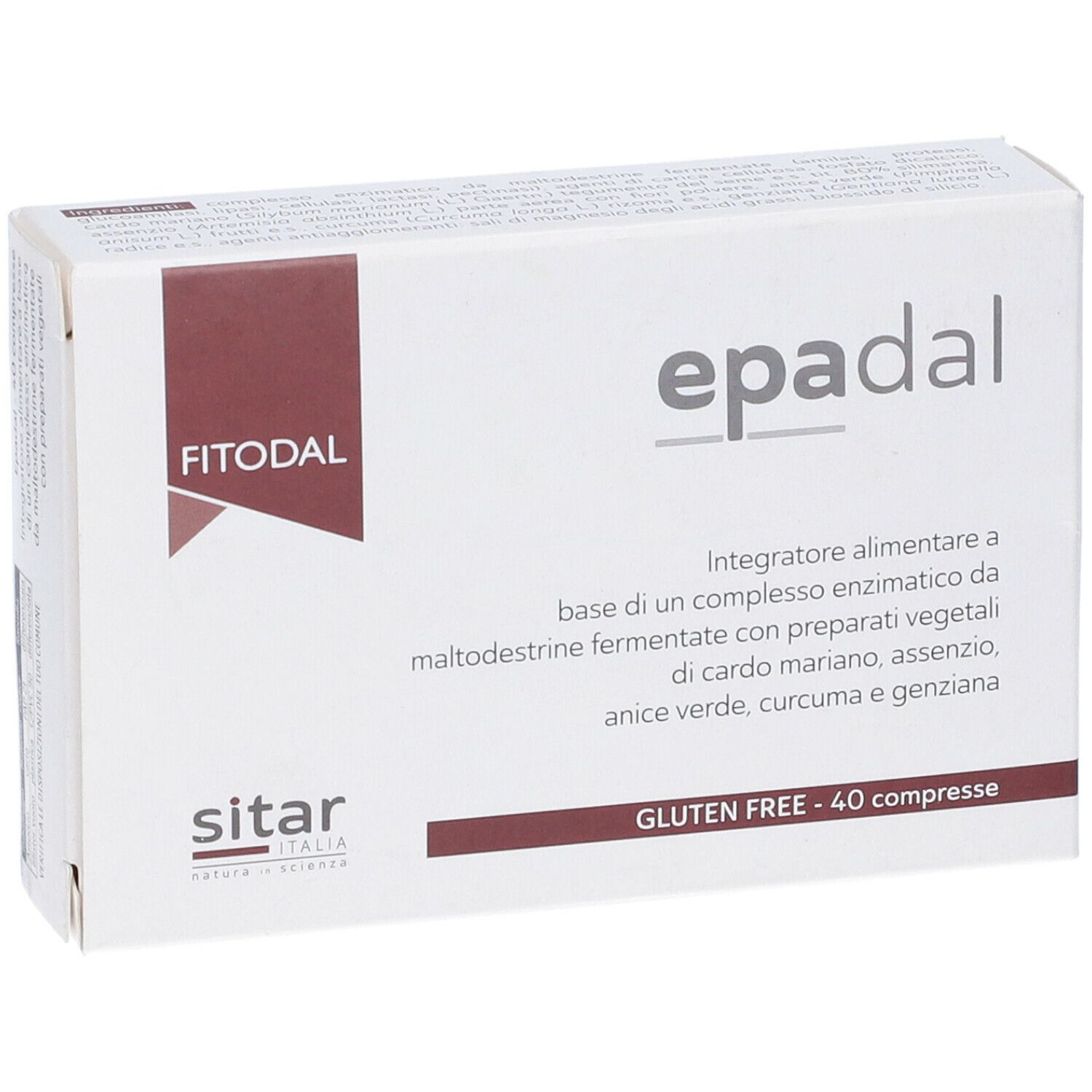 Scatola bianca "Epadal". Testi: "Integratore alimentare" e "Gluten Free - 40 compresse".