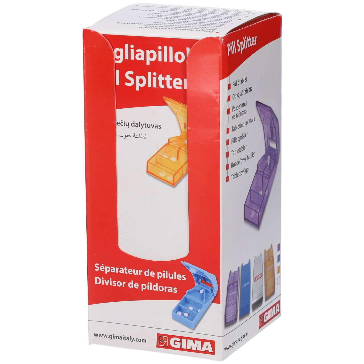 GIMA Tagliapillole Colori Assortiti (3 Per Colore, Bianco, Azzurro, Lavanda Arancio Trasparente) - Con Scatola Ed Espositore