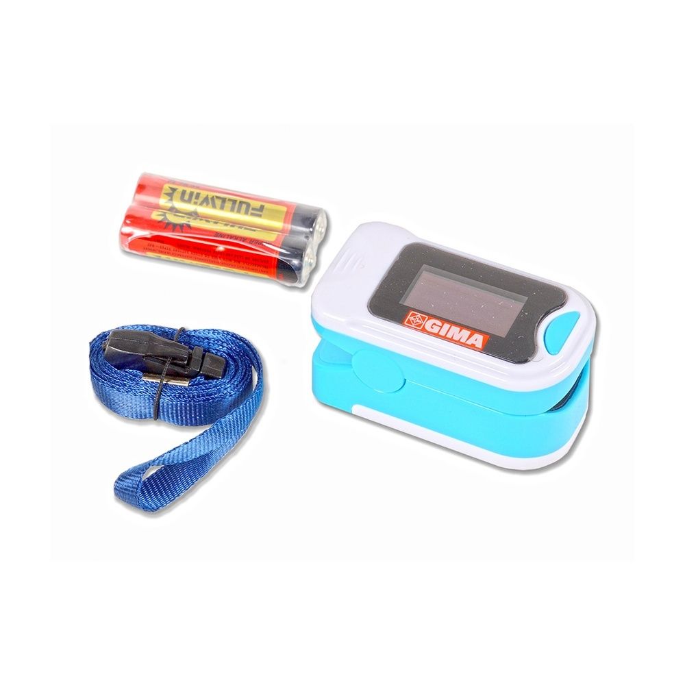 Pulsossimetro, batterie e cordino. Pulsossimetro blu e bianco, batterie rosse, cordino blu.