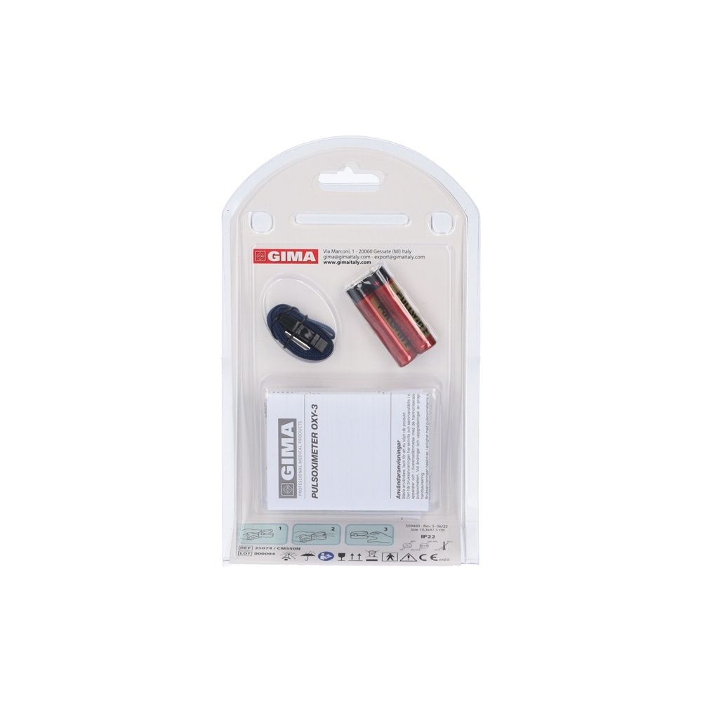Confezione con accessori. Blister con batterie, cordino e istruzioni.