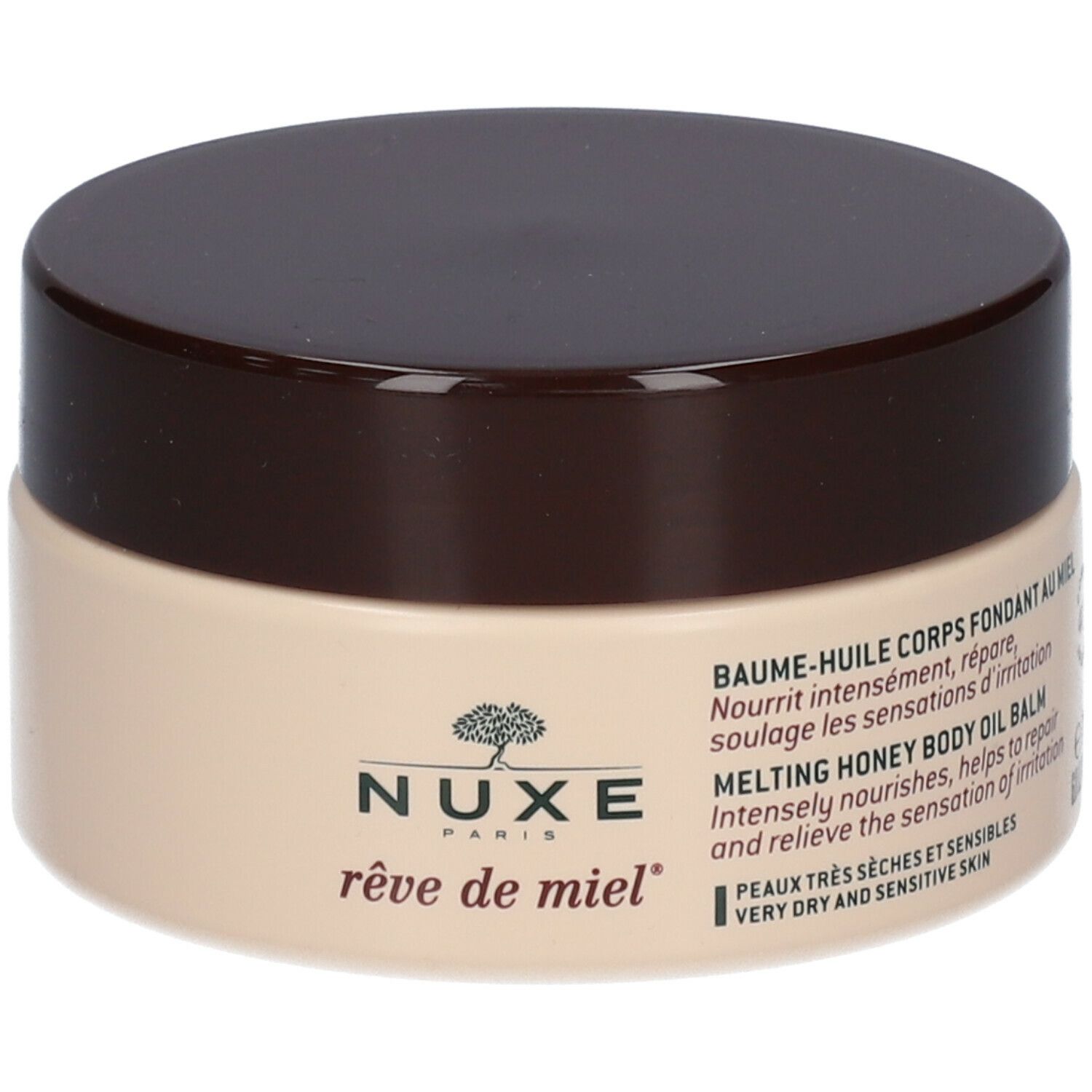 Barattolo di crema con coperchio marrone. Scritta: NUXE Rêve de Miel, Melting Honey Body Oil Balm. Per pelli molto secche e sensibili.
