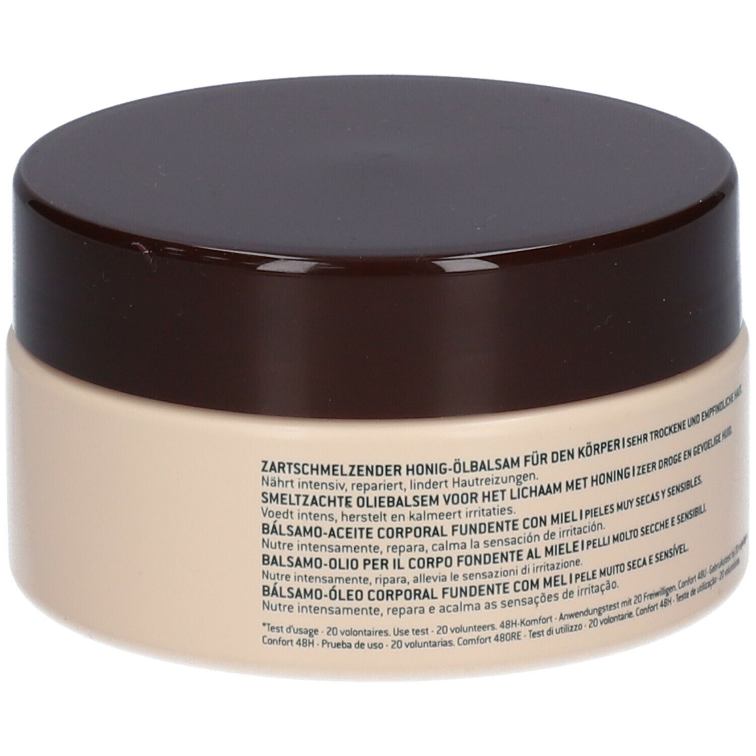 Retro del barattolo di crema. Testo in più lingue. Scritta: NUXE Rêve de Miel, Melting Honey Body Oil Balm.