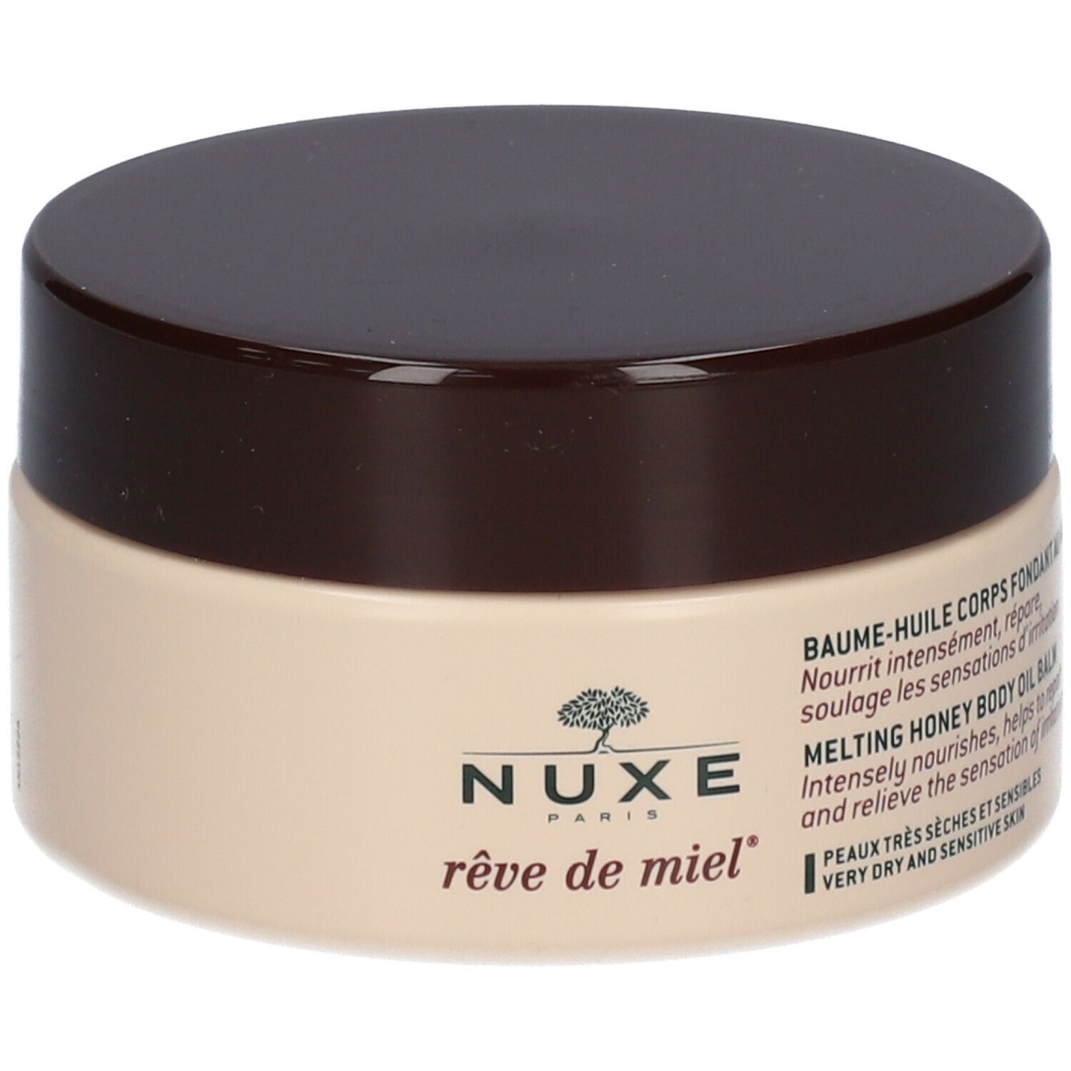 Barattolo di crema con coperchio marrone. Scritta: NUXE Rêve de Miel, Melting Honey Body Oil Balm. Per pelli molto secche e sensibili.