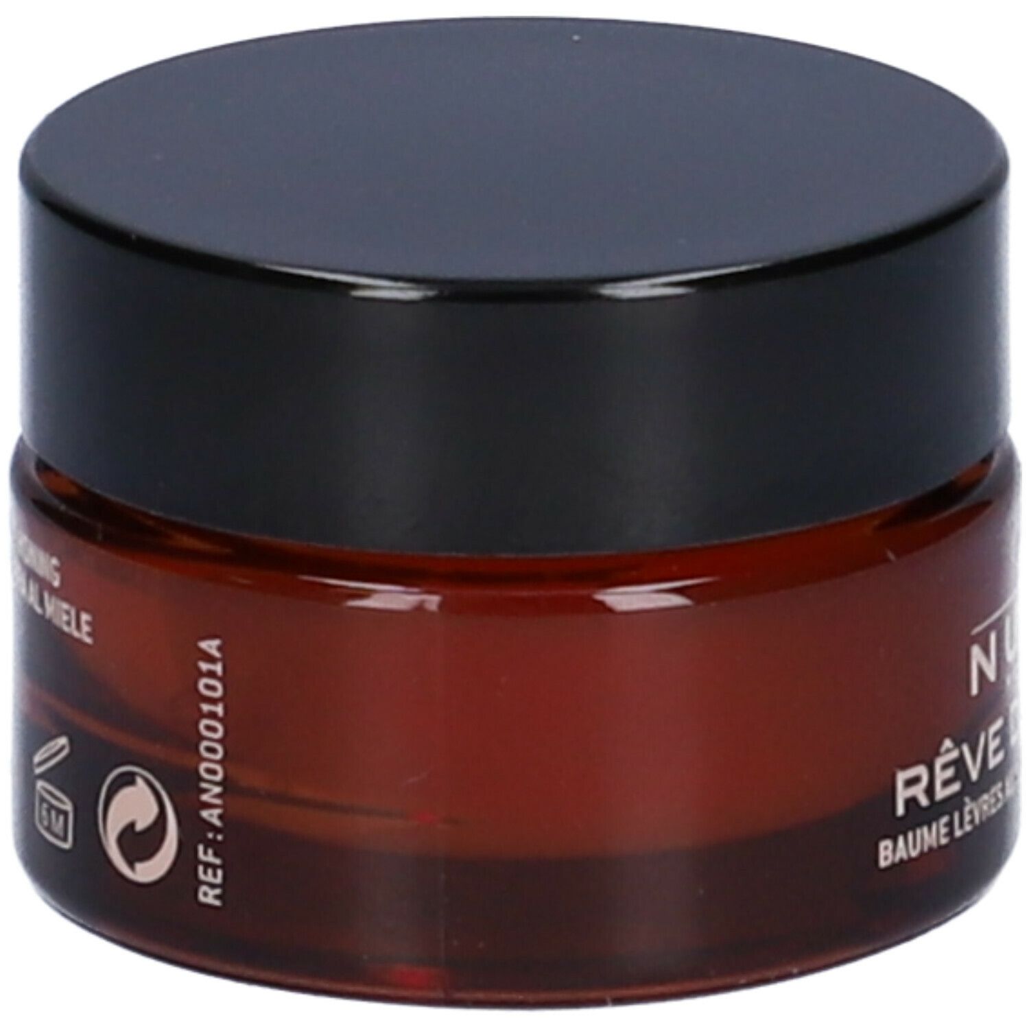 Vasetto rotondo di balsamo marrone con coperchio nero. Scritta: NUXE Rêve de Miel.