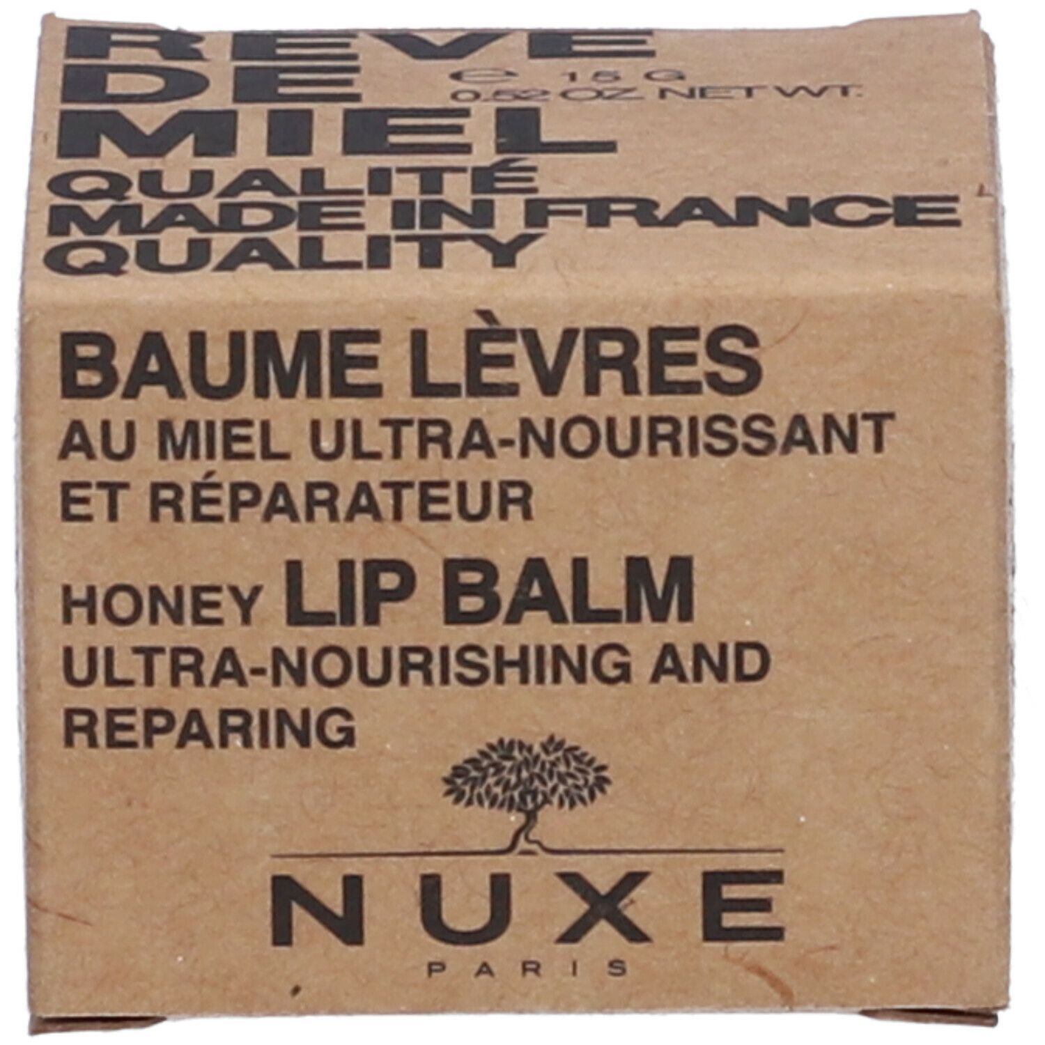 Scatola di cartone con informazioni sul prodotto. Scritta: Baume Lèvres, Honey Lip Balm.