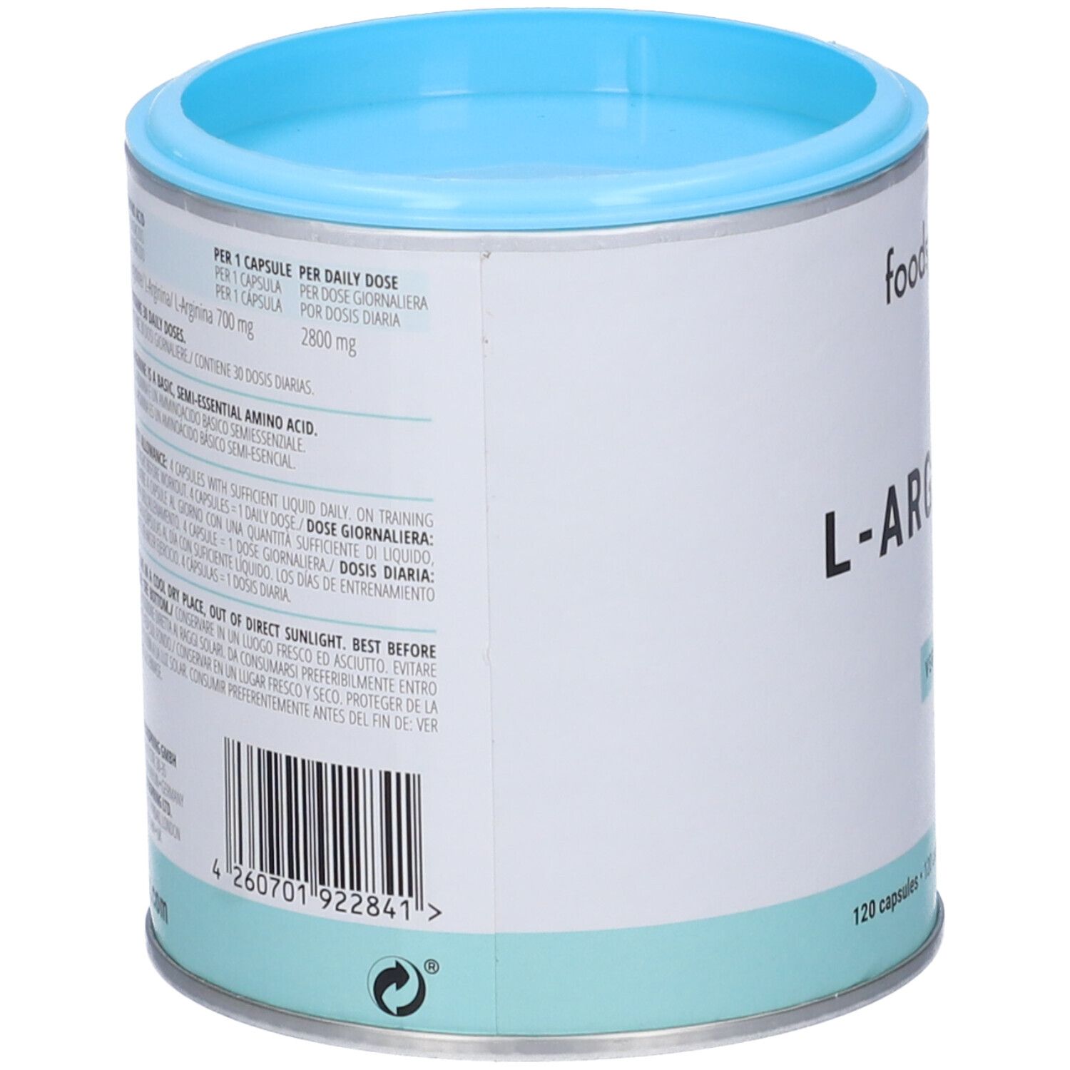 Barattolo cilindrico con coperchio blu. Scritta: L-ARGININE. Testo con informazioni e codice a barre sul lato.