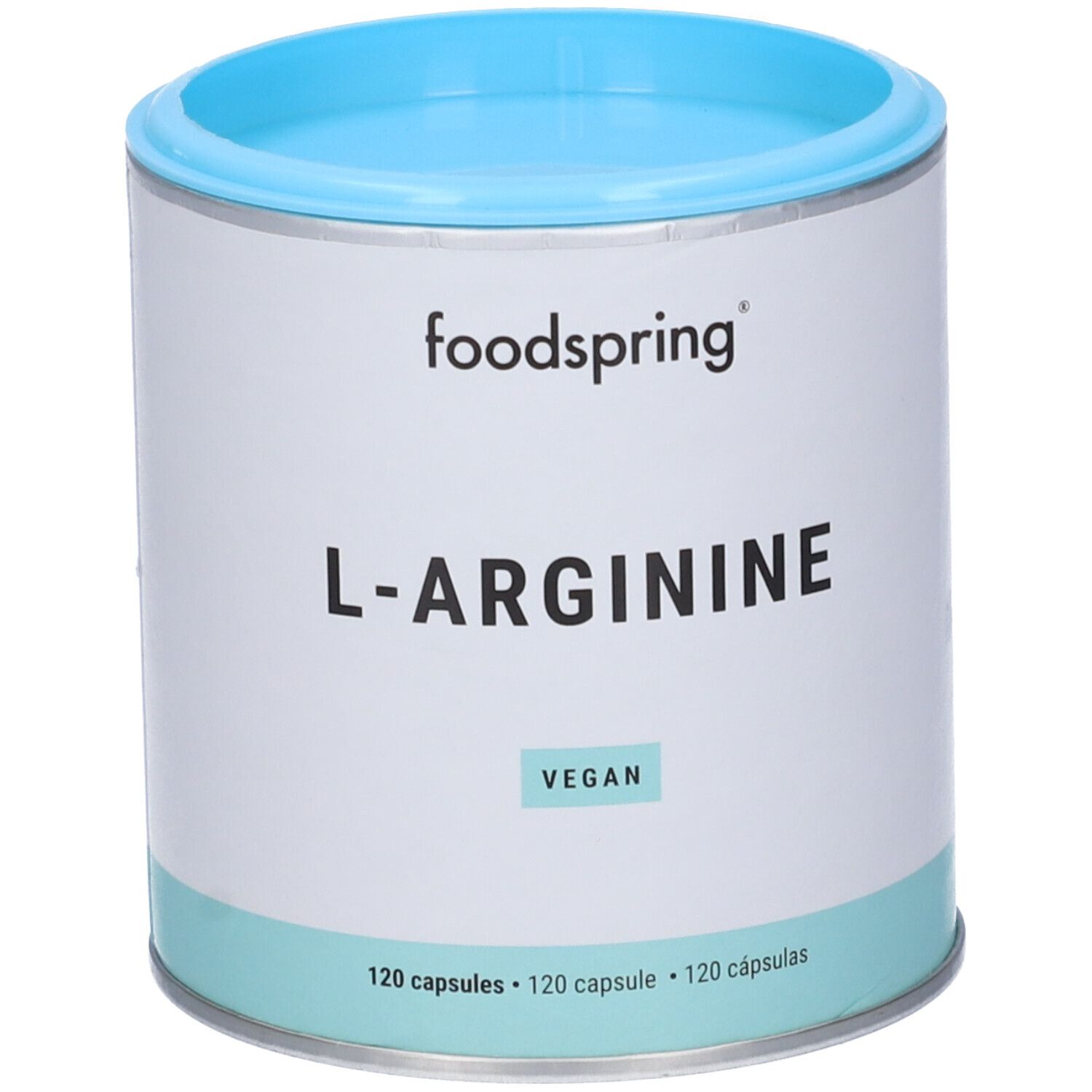 Barattolo cilindrico con coperchio blu. Scritta: foodspring, L-ARGININE, VEGAN. Sotto: 120 capsule.