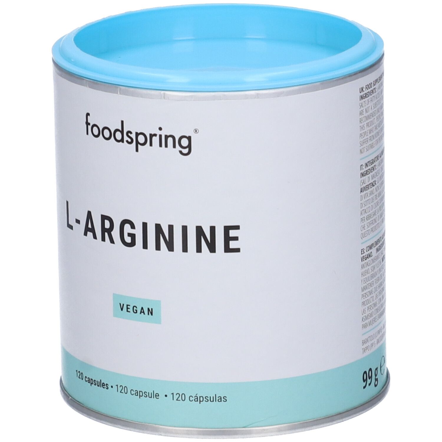 Barattolo cilindrico con coperchio blu. Scritta: foodspring, L-ARGININE, VEGAN. Sotto: 120 capsule, 99g.
