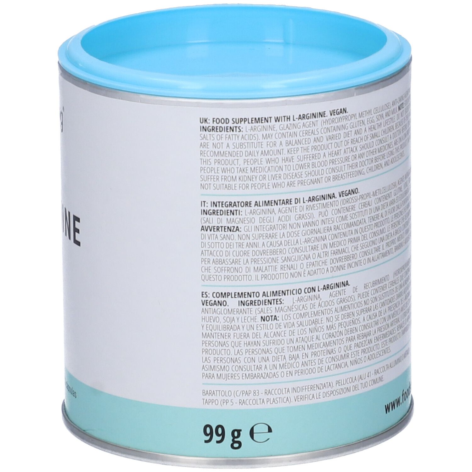 Barattolo cilindrico con coperchio blu. Scritta: L-ARGININE. Testo con informazioni e 99g sul lato.