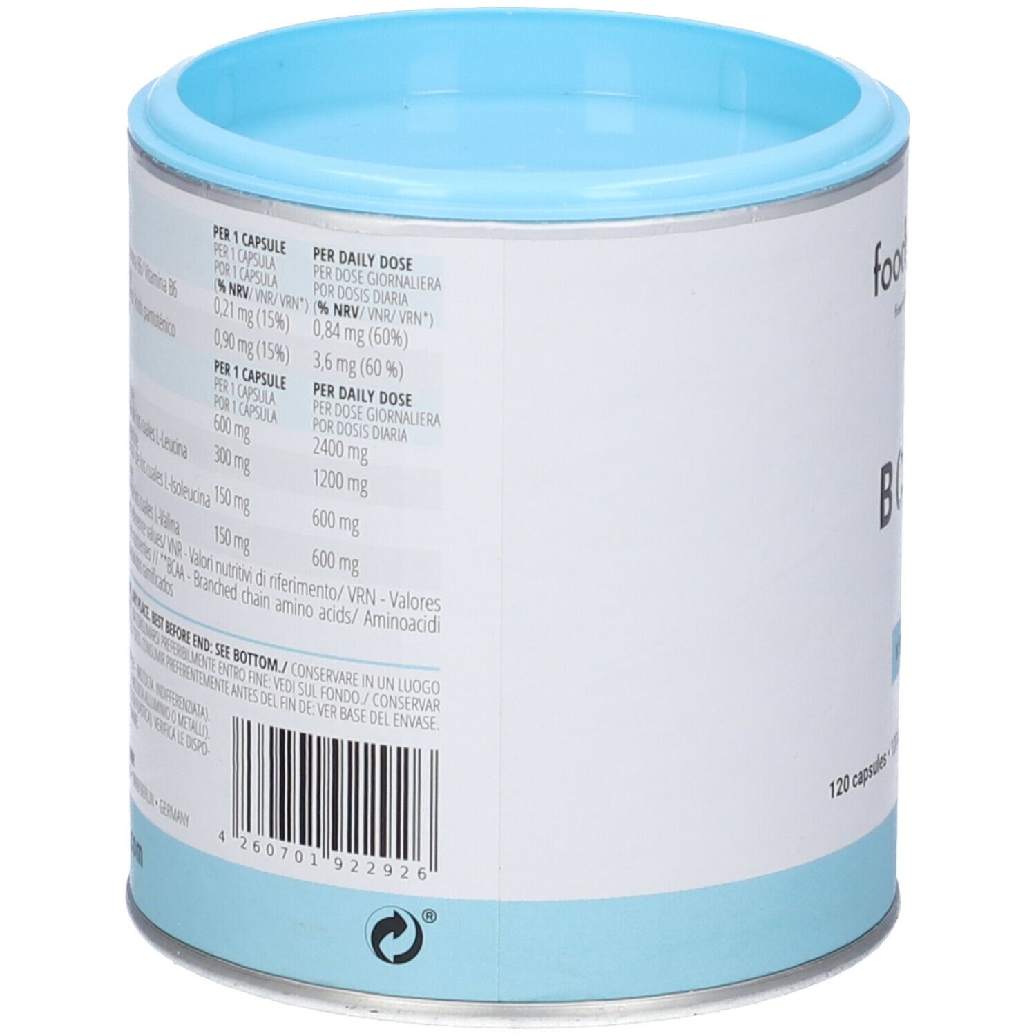 Retro del barattolo. Contiene informazioni nutrizionali e ingredienti. Design blu e bianco. Testo in tedesco, italiano e spagnolo.