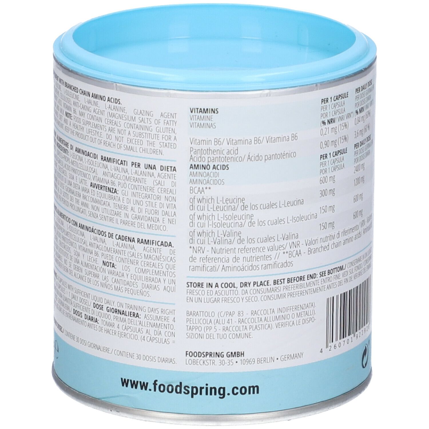 Barattolo con informazioni e tabella nutrizionale. Testo multilingue. Design blu e bianco. Logo foodspring.
