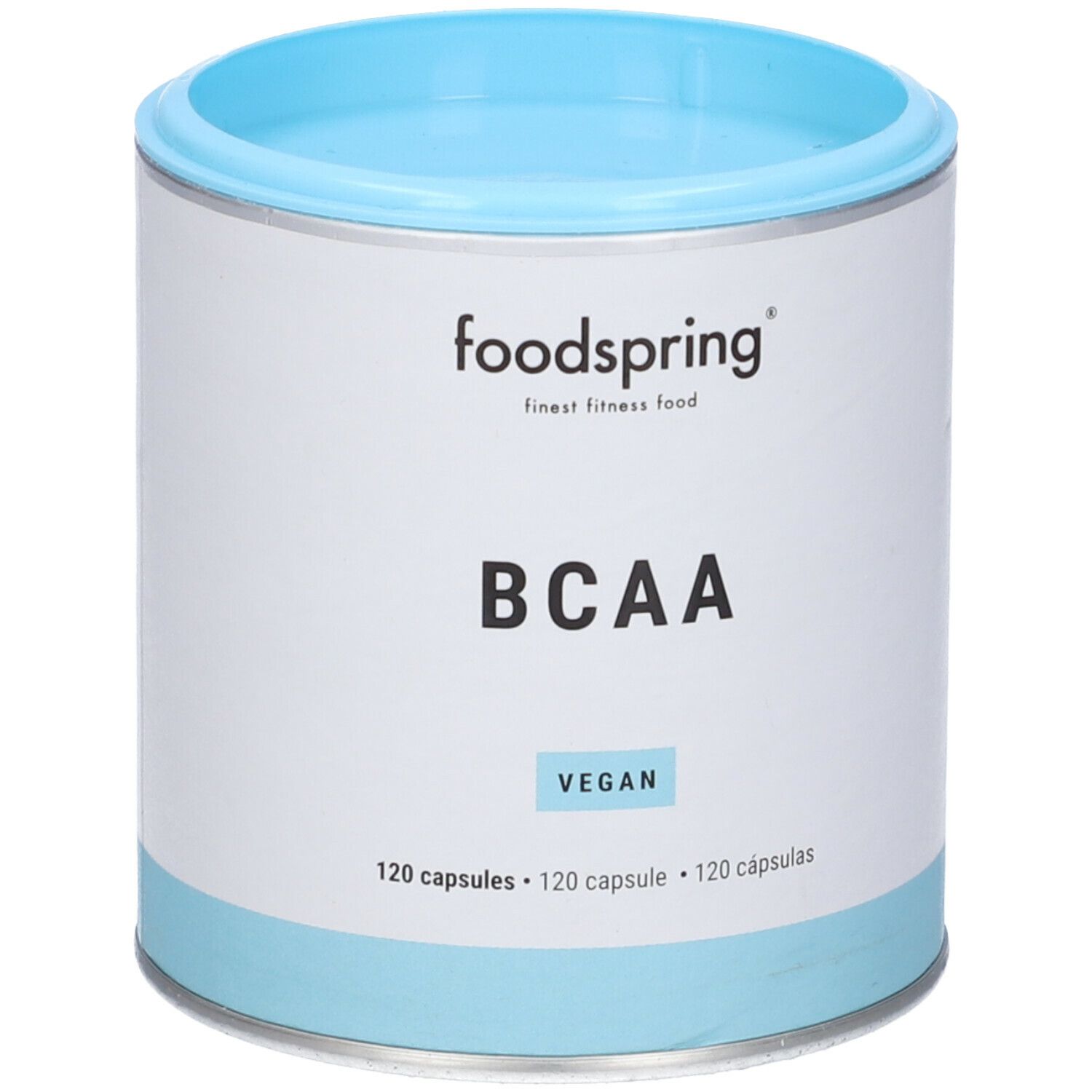 Barattolo cilindrico bianco e blu con coperchio blu. Scritta: foodspring, BCAA, vegan, 120 capsule.
