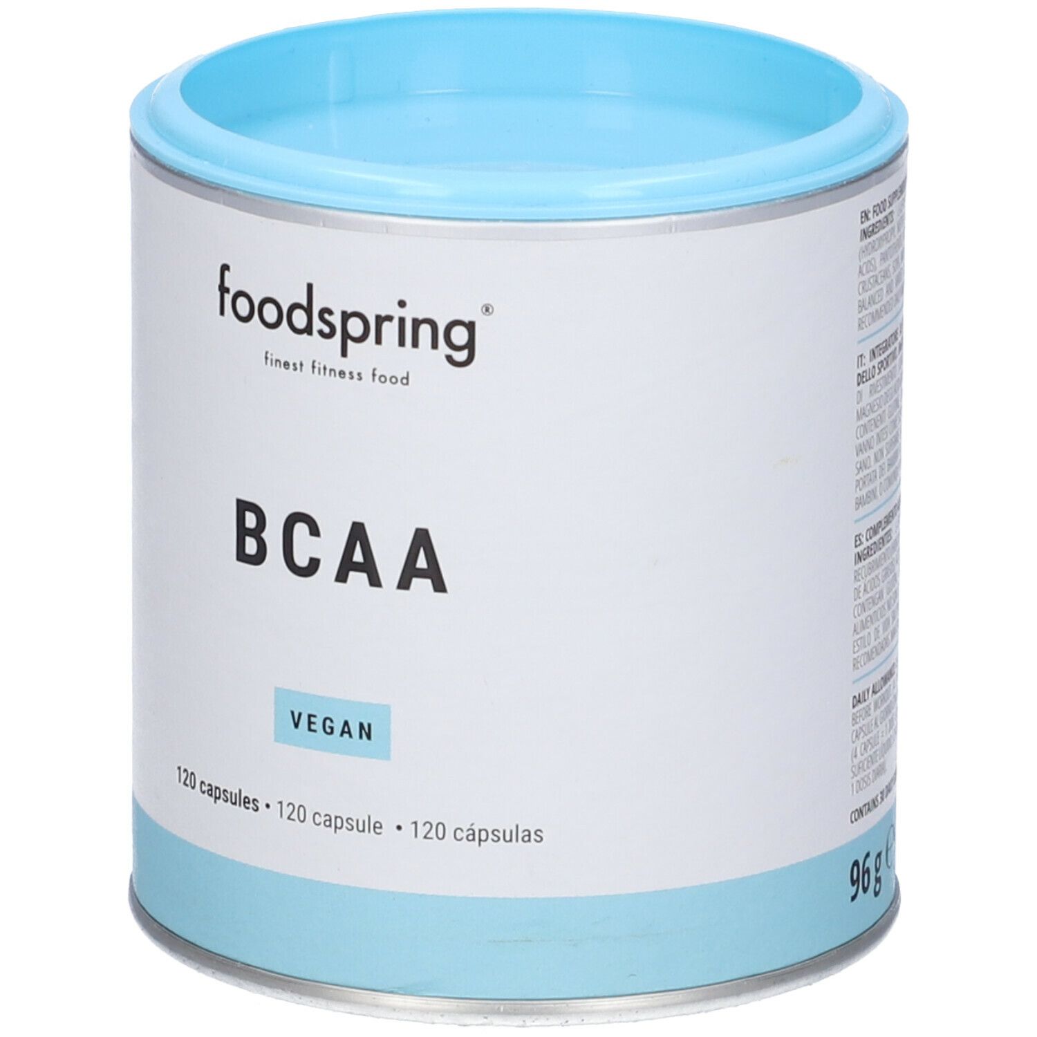 Barattolo cilindrico bianco e blu con coperchio blu. Scritta: foodspring, BCAA, vegan, 120 capsule, 96g.
