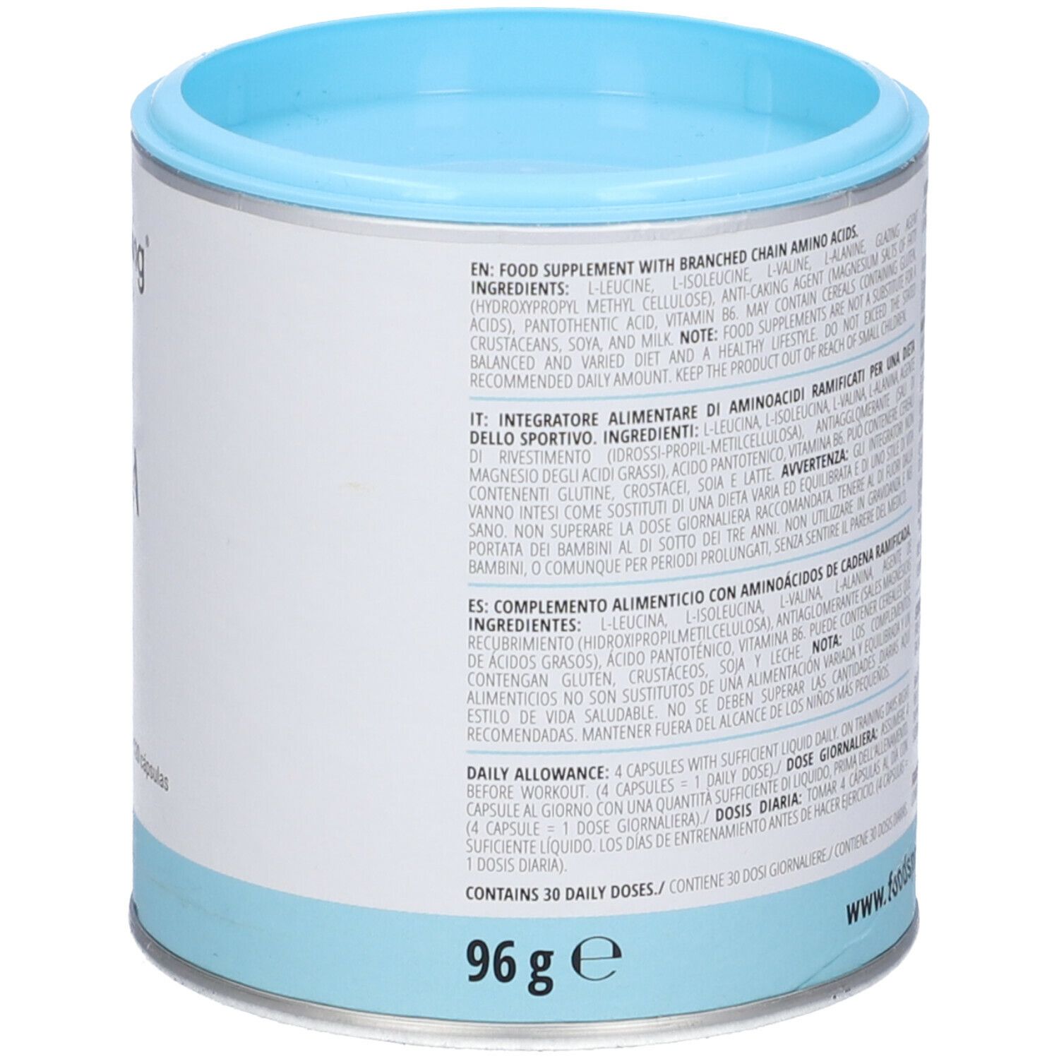 Retro del barattolo. Ingredienti, istruzioni per l'uso e informazioni nutrizionali. 96g. Design blu e bianco.