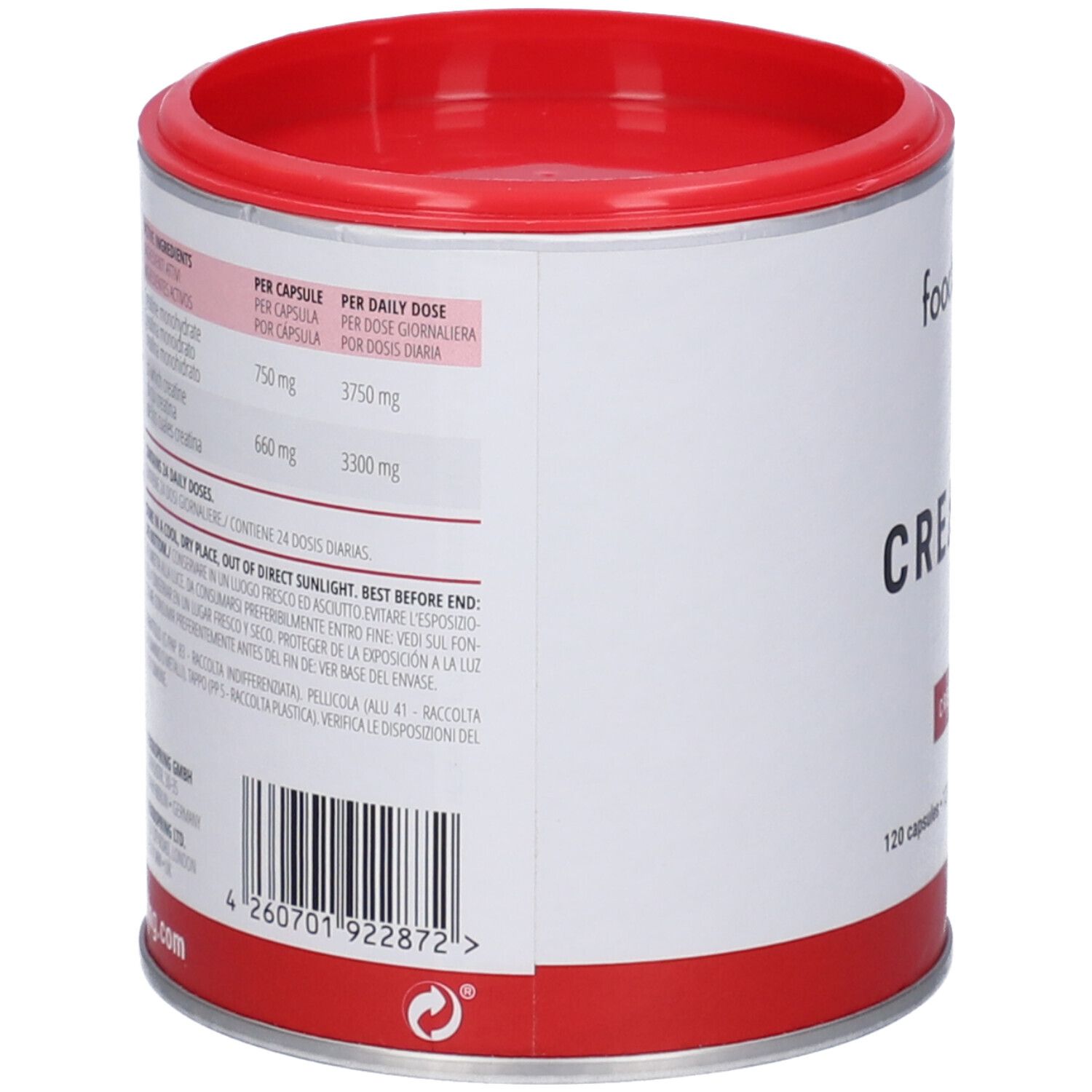 Barattolo cilindrico rosso e bianco. Retro con informazioni nutrizionali e ingredienti.