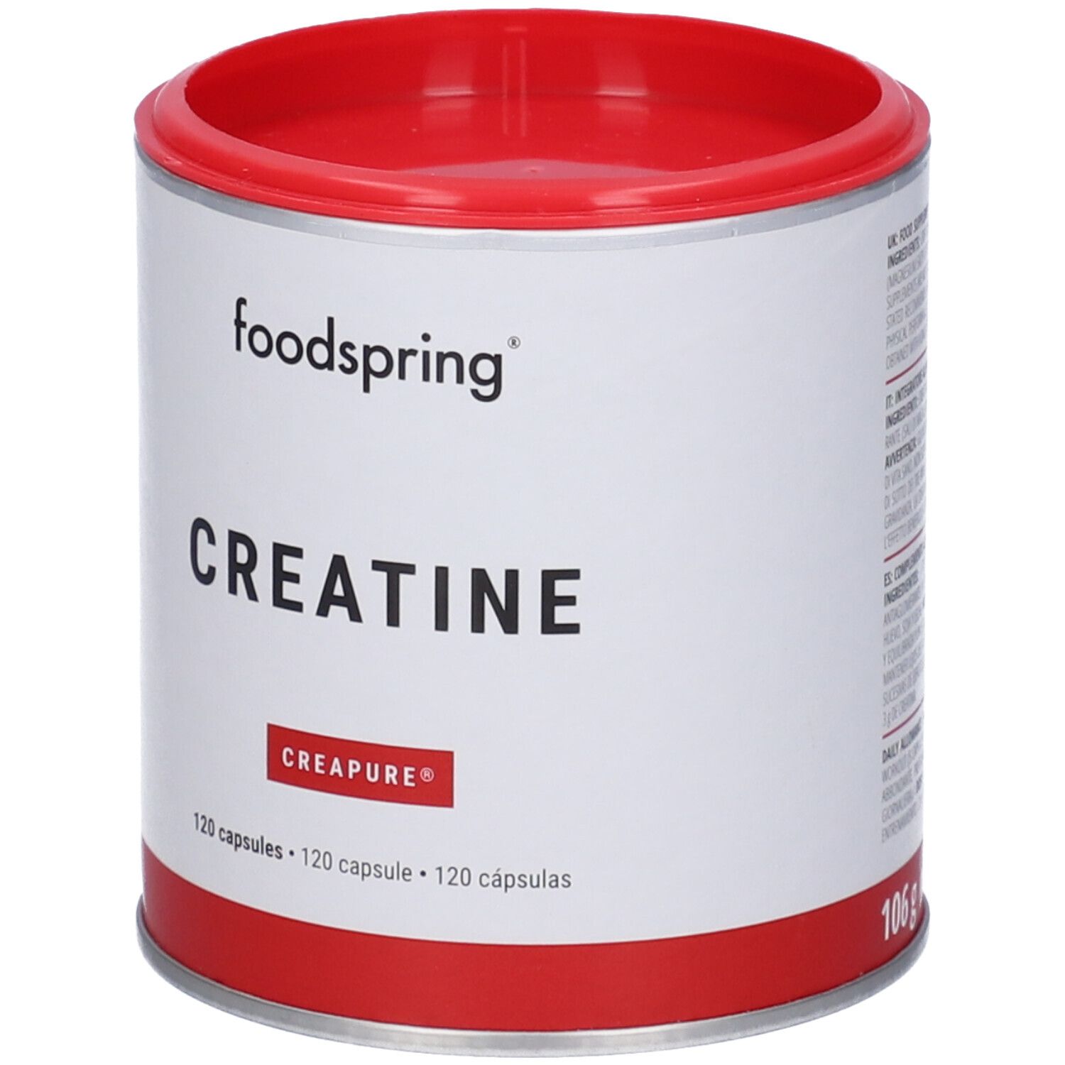 Barattolo cilindrico rosso e bianco. Scritta: Foodspring Creatine, Creapure, 120 capsule, 106g.