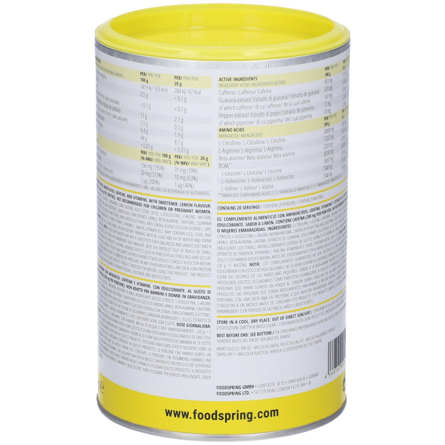 Lato del barattolo cilindrico con ingredienti e informazioni nutrizionali. Coperchio e base gialli.