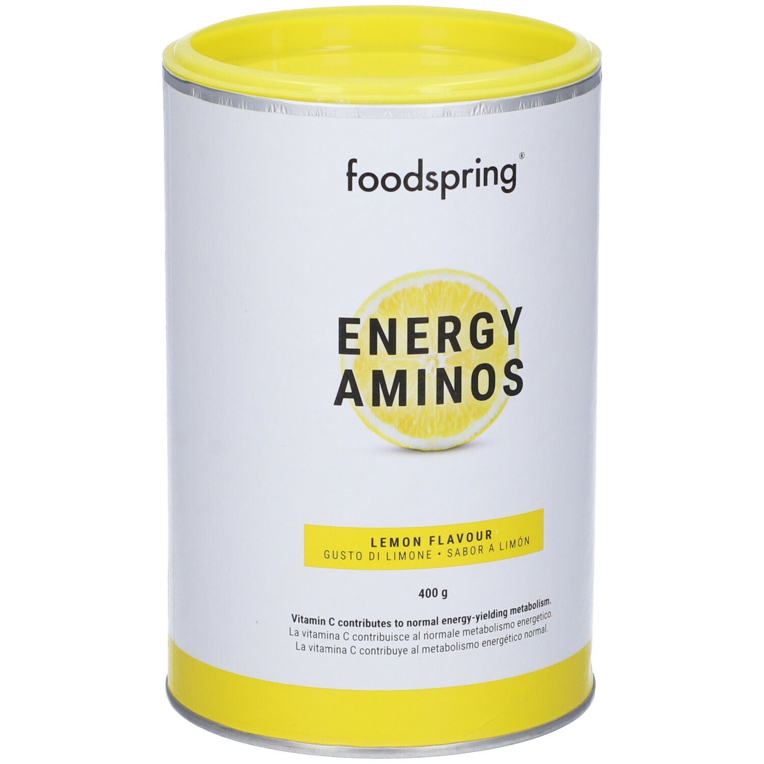 Barattolo cilindrico giallo e bianco. Scritta: ENERGY AMINOS, gusto limone. Contiene 400 g.