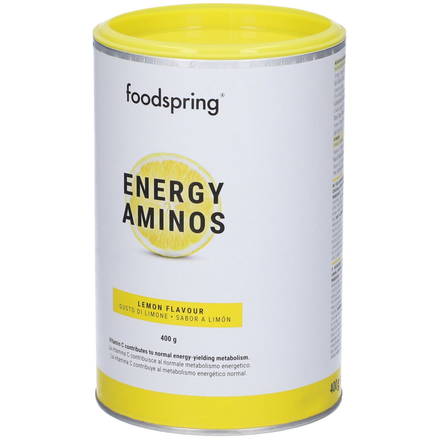 Barattolo cilindrico giallo e bianco. Scritta: ENERGY AMINOS, gusto limone. Contiene 400 g.
