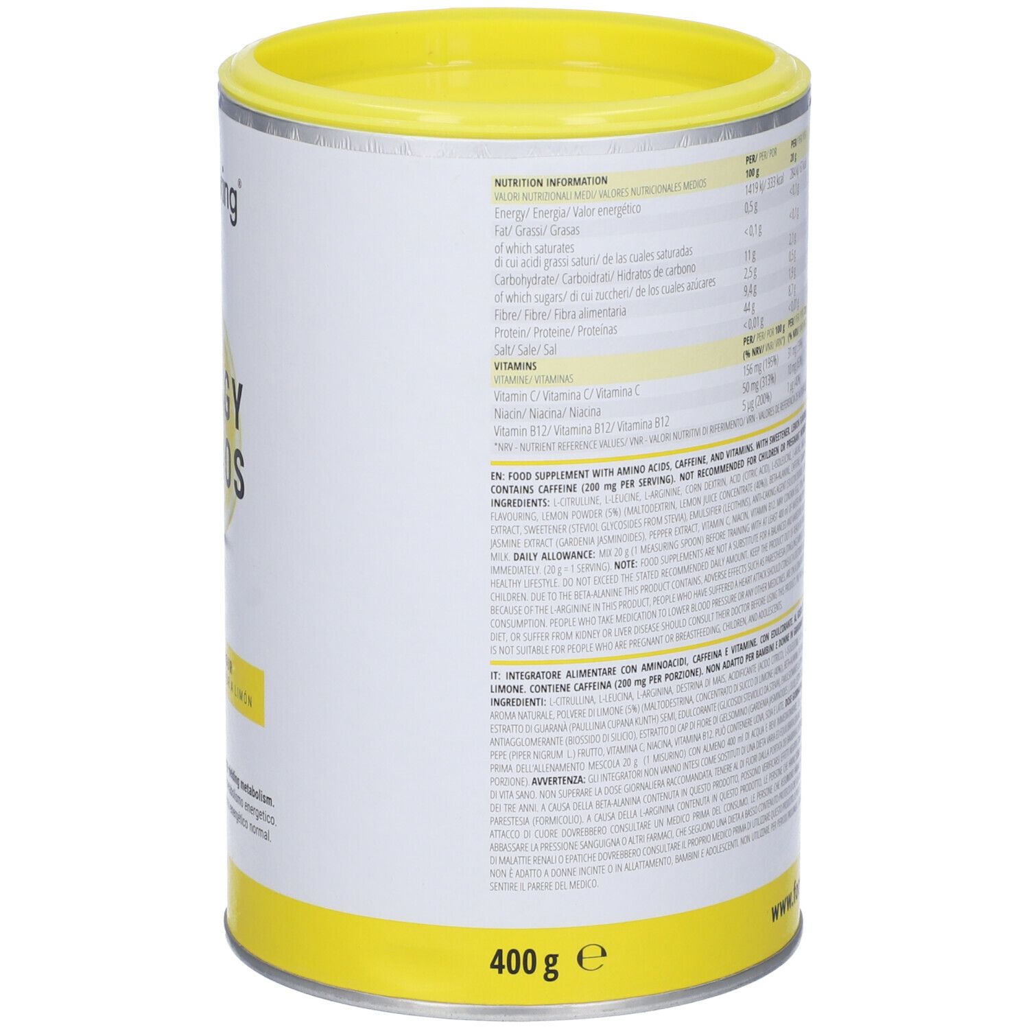 Lato del barattolo cilindrico con informazioni nutrizionali e ingredienti. Coperchio e base gialli. 400 g.