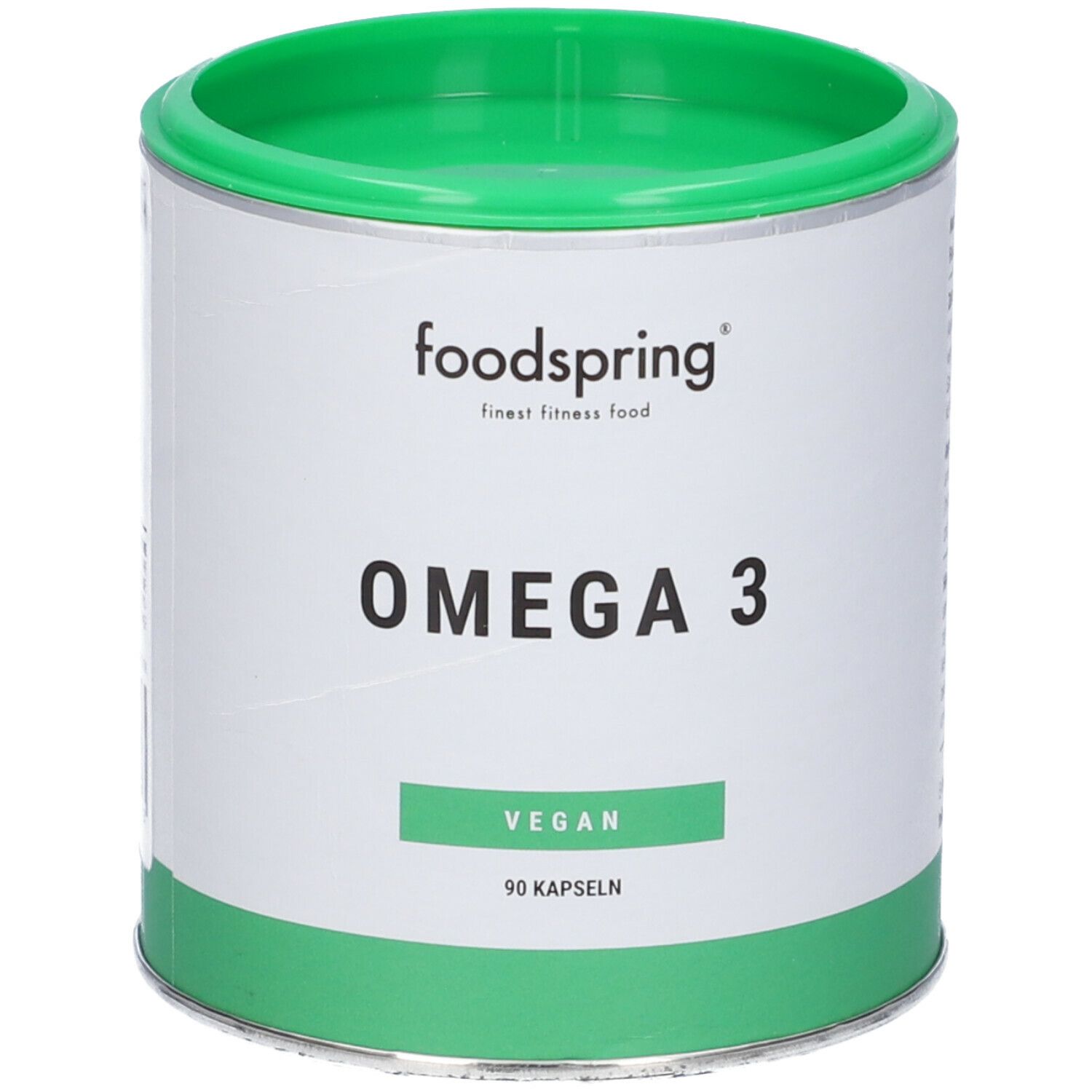 Barattolo di capsule Omega 3. Design verde e bianco con logo "foodspring" e scritta "OMEGA 3". Visibili anche "VEGAN" e "90 KAPSELN".