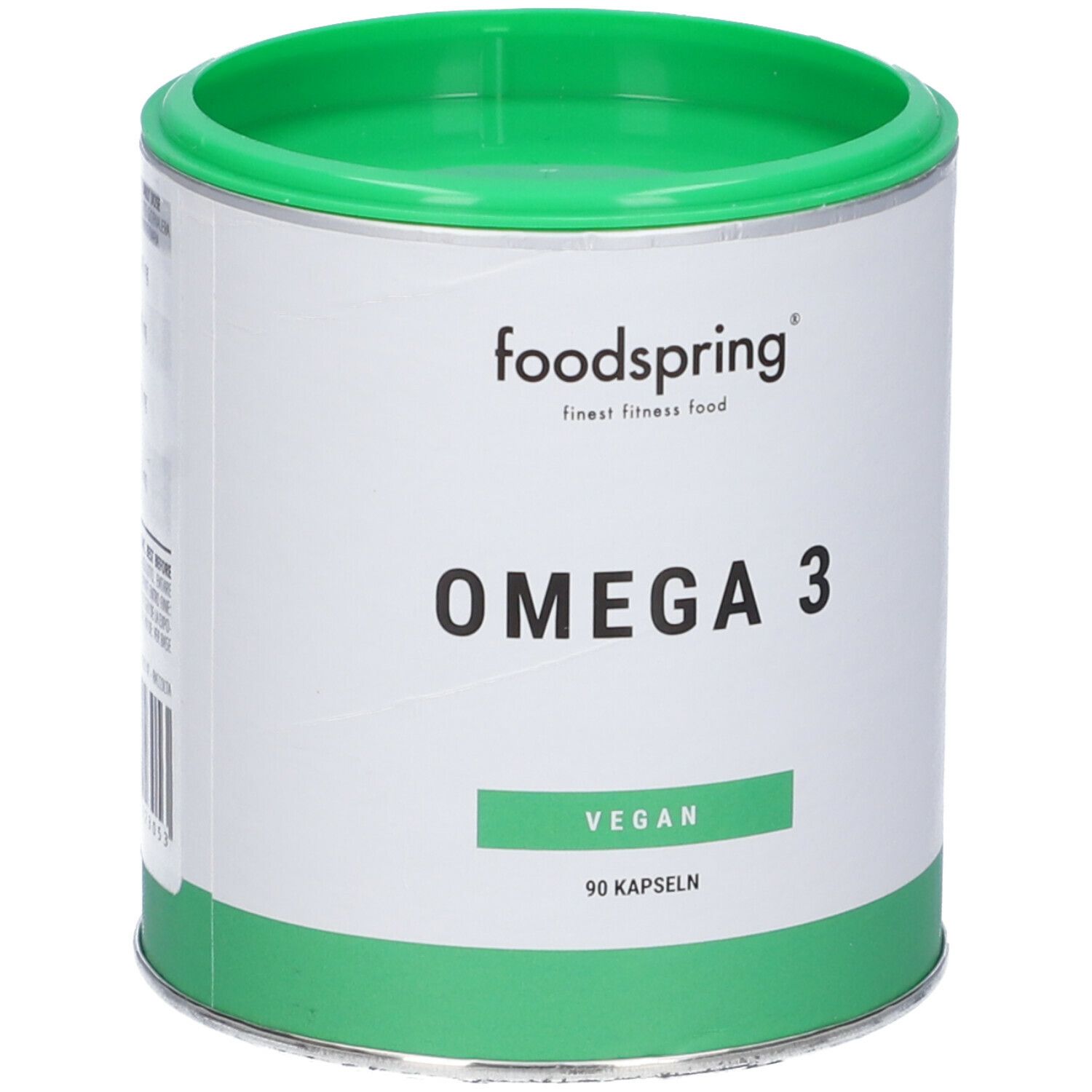 Barattolo di capsule Omega 3. Design verde e bianco con logo "foodspring" e scritta "OMEGA 3". Visibili anche "VEGAN" e "90 KAPSELN".