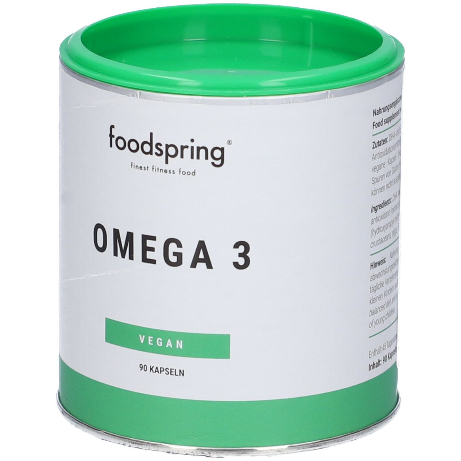 Barattolo di capsule Omega 3. Design verde e bianco con logo "foodspring" e scritta "OMEGA 3". Visibili anche "VEGAN" e "90 KAPSELN".