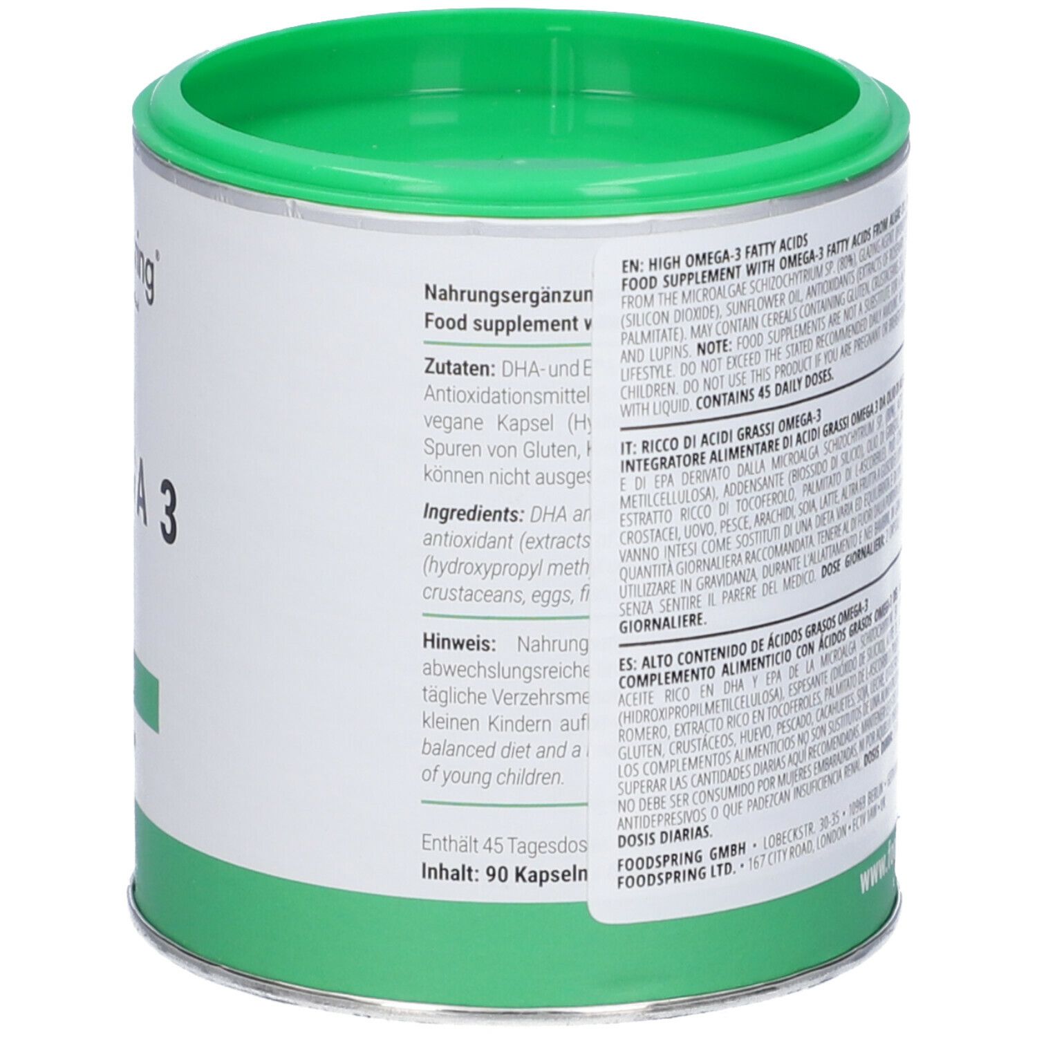 Barattolo di capsule Omega 3. Retro con ingredienti, informazioni nutrizionali e avvertenze. Contiene 45 dosi giornaliere.