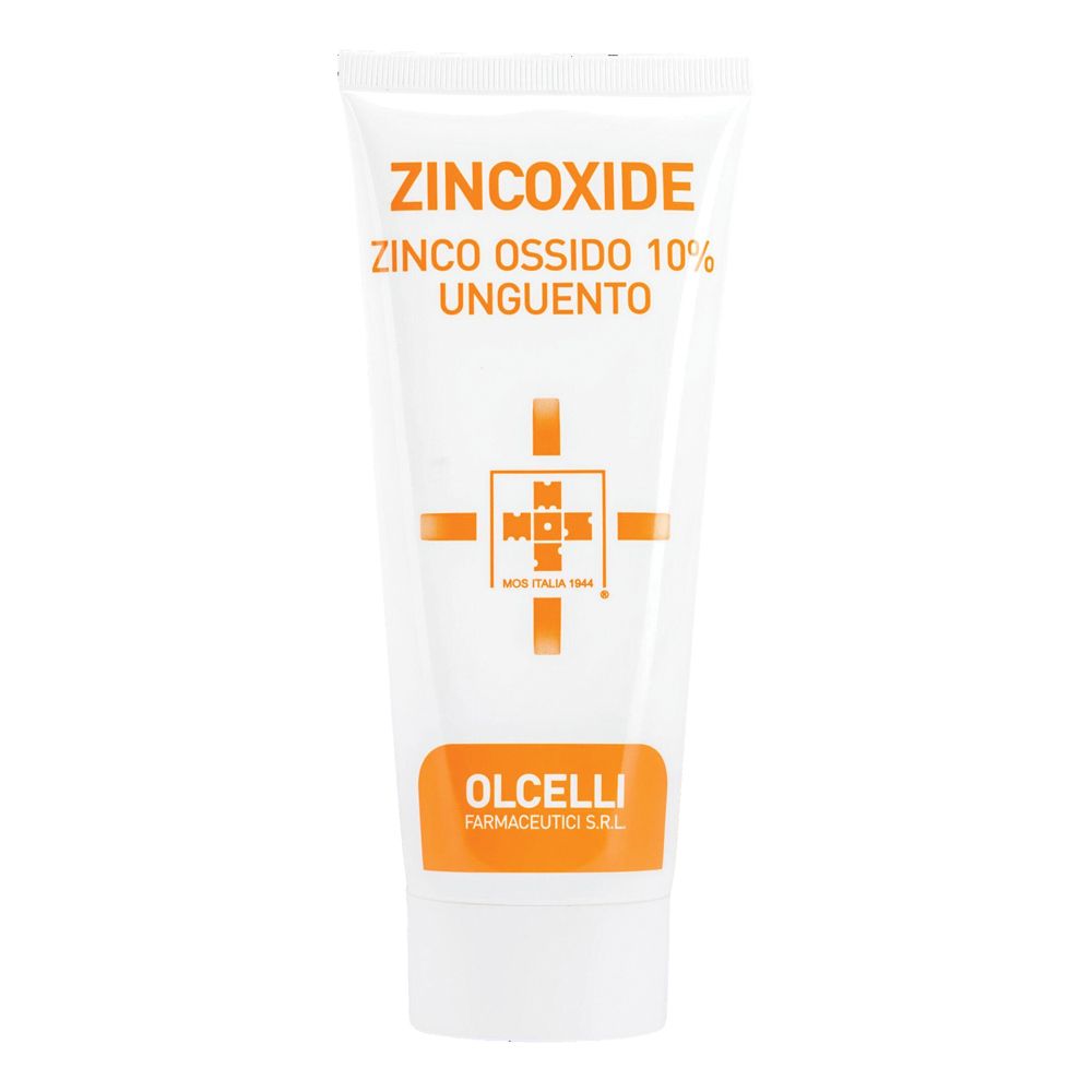 Tubo bianco con testo arancione. Scritta: Zinco Oxide, Zinco Ossido 10%, Unguento. Logo e nome dell'azienda.