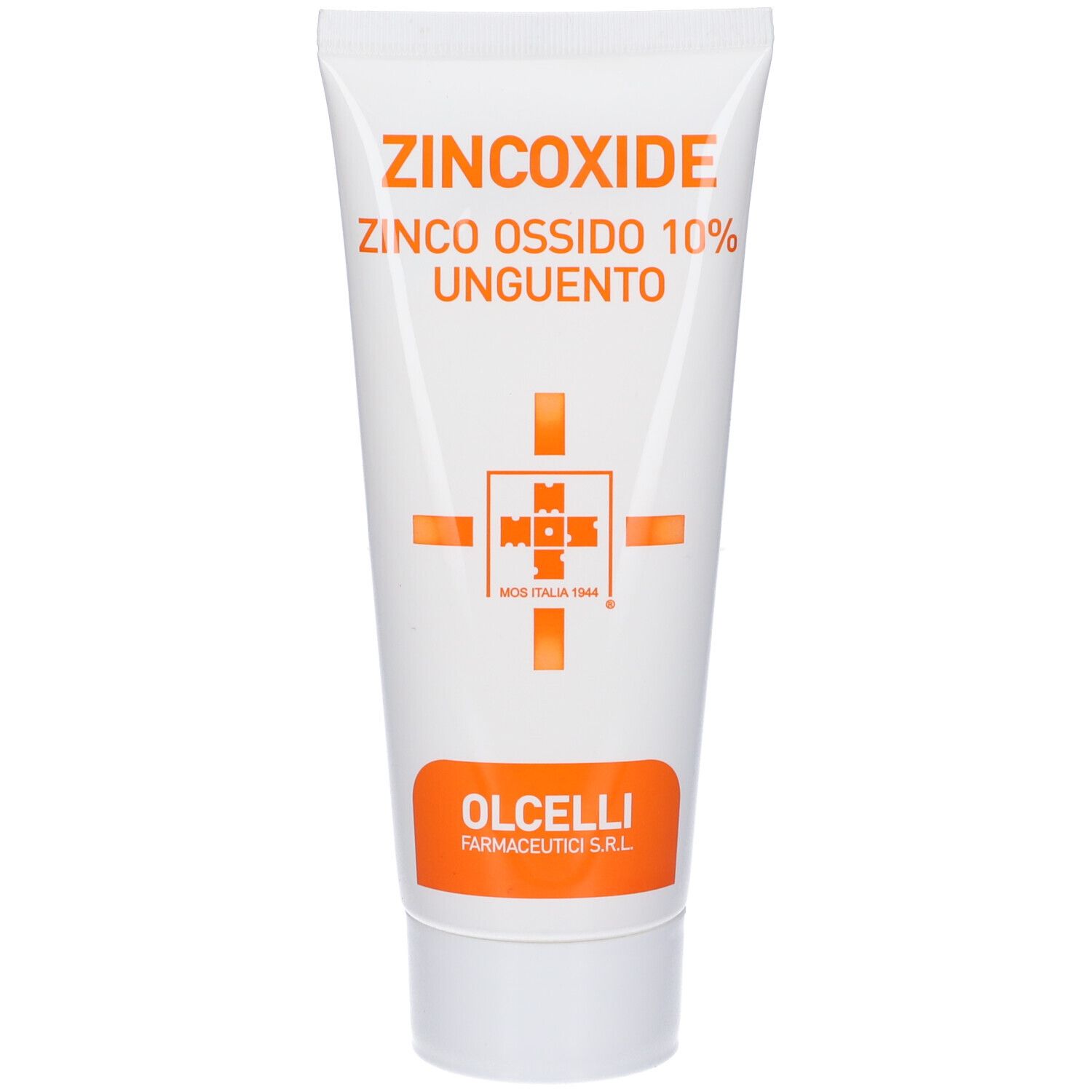 Tubo bianco con testo arancione. Scritta: Zinco Oxide, Zinco Ossido 10%, Unguento. Logo e nome dell'azienda.