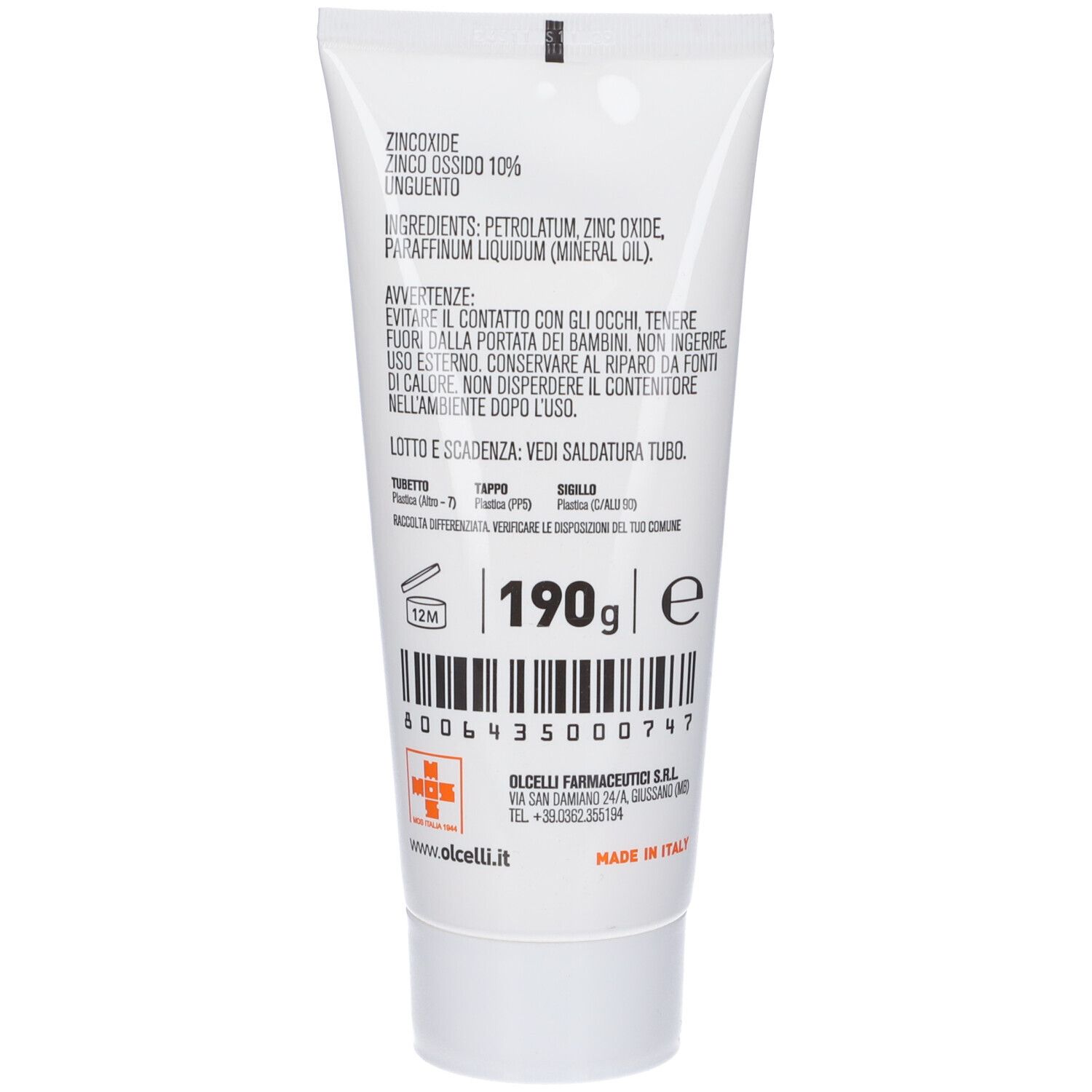 Retro del tubo. Testo: Ingredienti, avvertenze, numero di lotto, peso 190g, codice a barre, nome azienda e paese di origine.