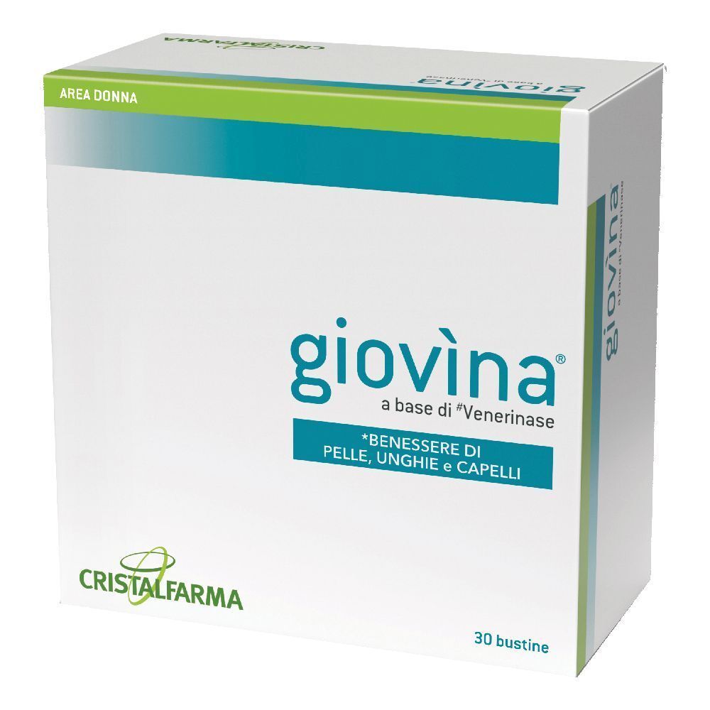 Scatola bianca con dettagli verdi e blu. Scritta: Giovina, 30 bustine. Marchio: CristalFarma.