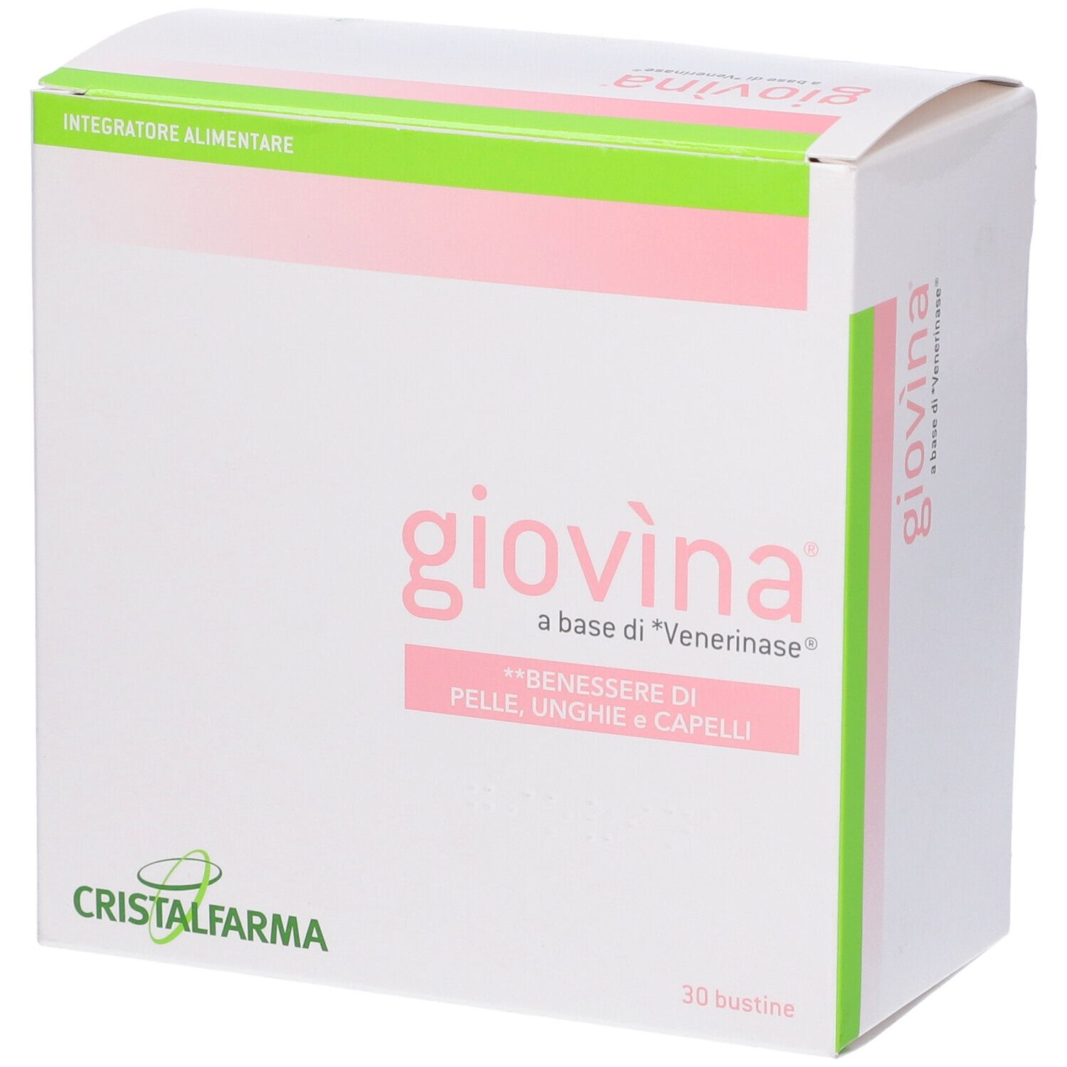 Scatola bianca con dettagli rosa e verdi. Scritta: Giovina, 30 bustine. Marchio: CristalFarma.
