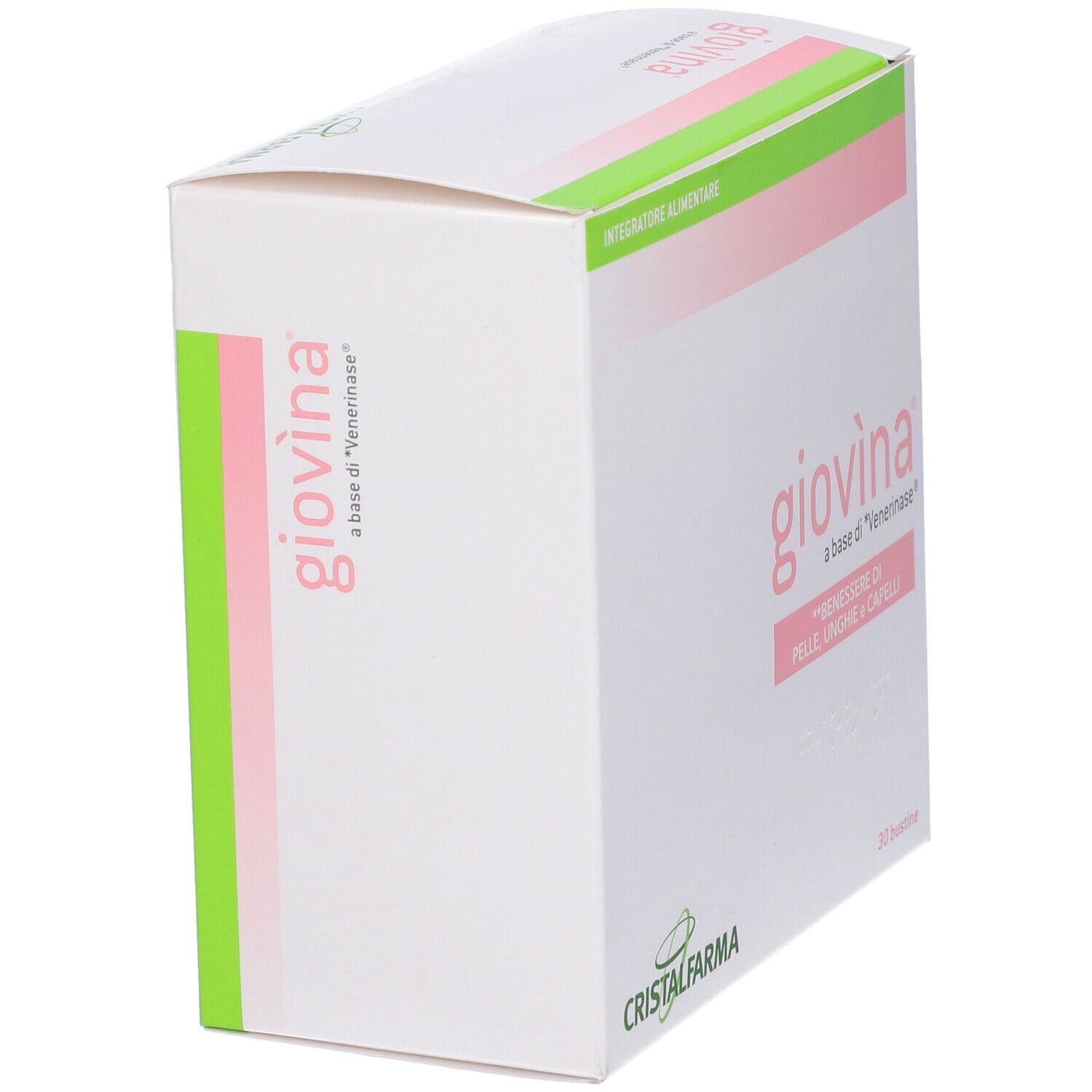 Scatola bianca con dettagli rosa e verdi. Scritta: Giovina, 30 bustine. Marchio: CristalFarma.