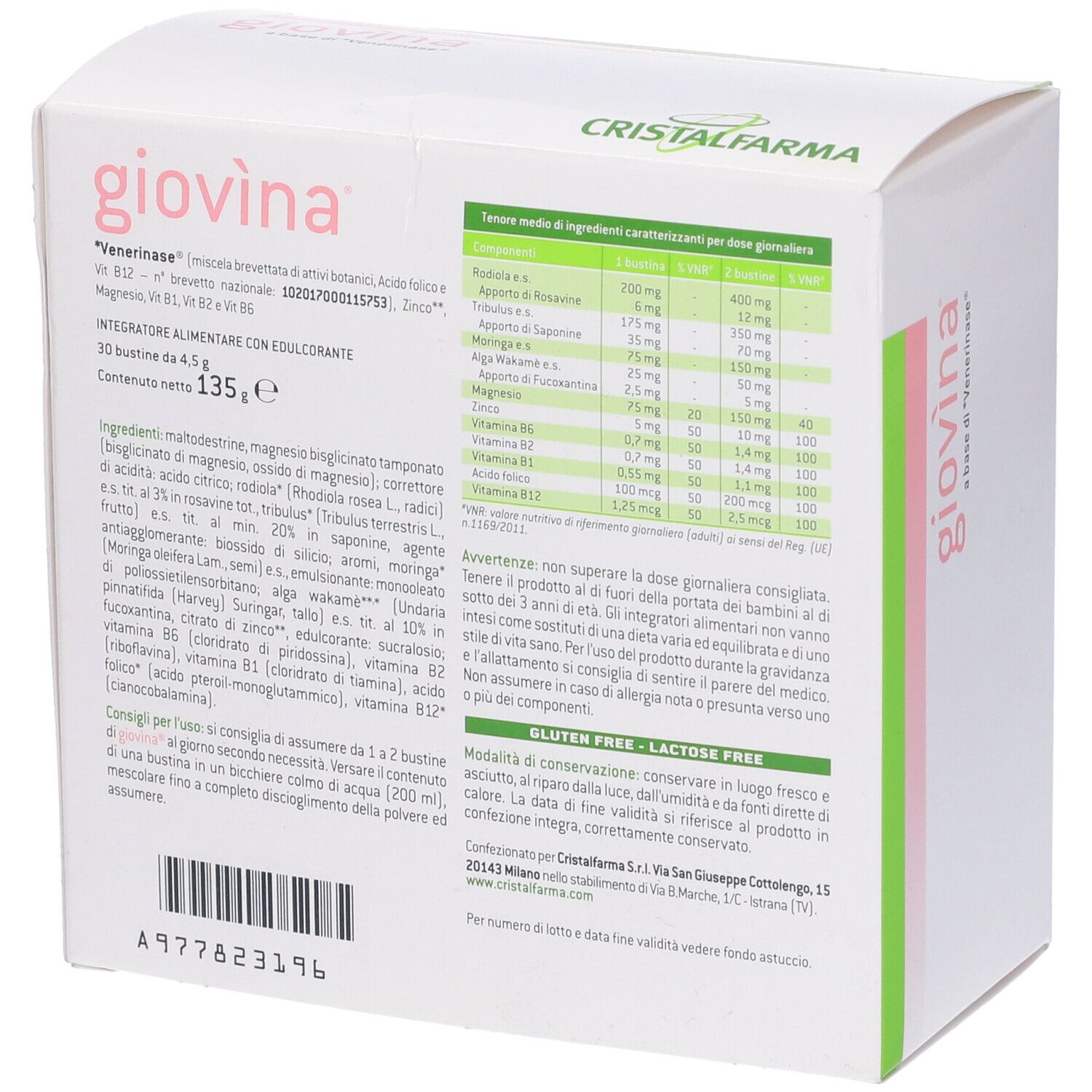 Scatola bianca con dettagli rosa e verdi. Scritta: Giovina, 30 bustine. Marchio: CristalFarma. Retro con informazioni.