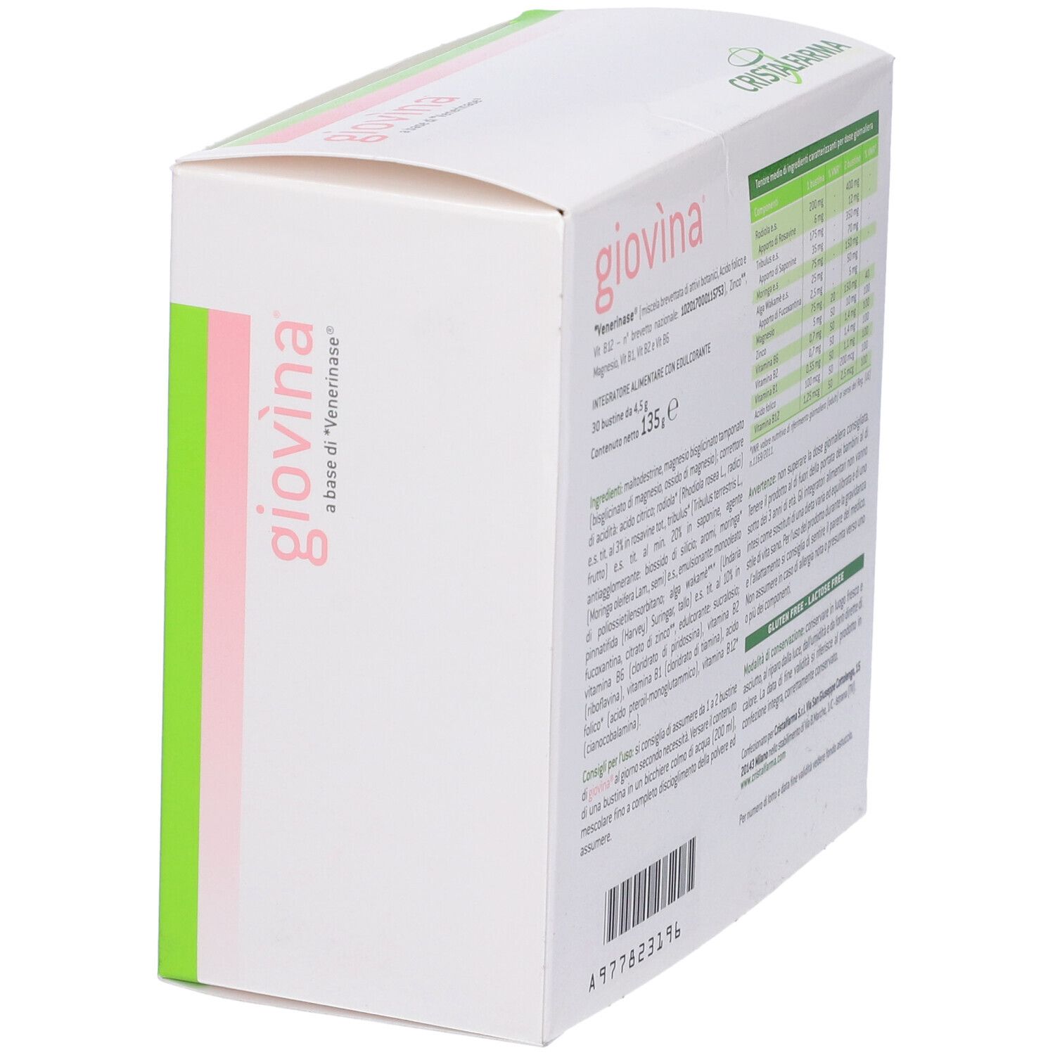 Scatola bianca con dettagli rosa e verdi. Scritta: Giovina, 30 bustine. Marchio: CristalFarma. Vista laterale.