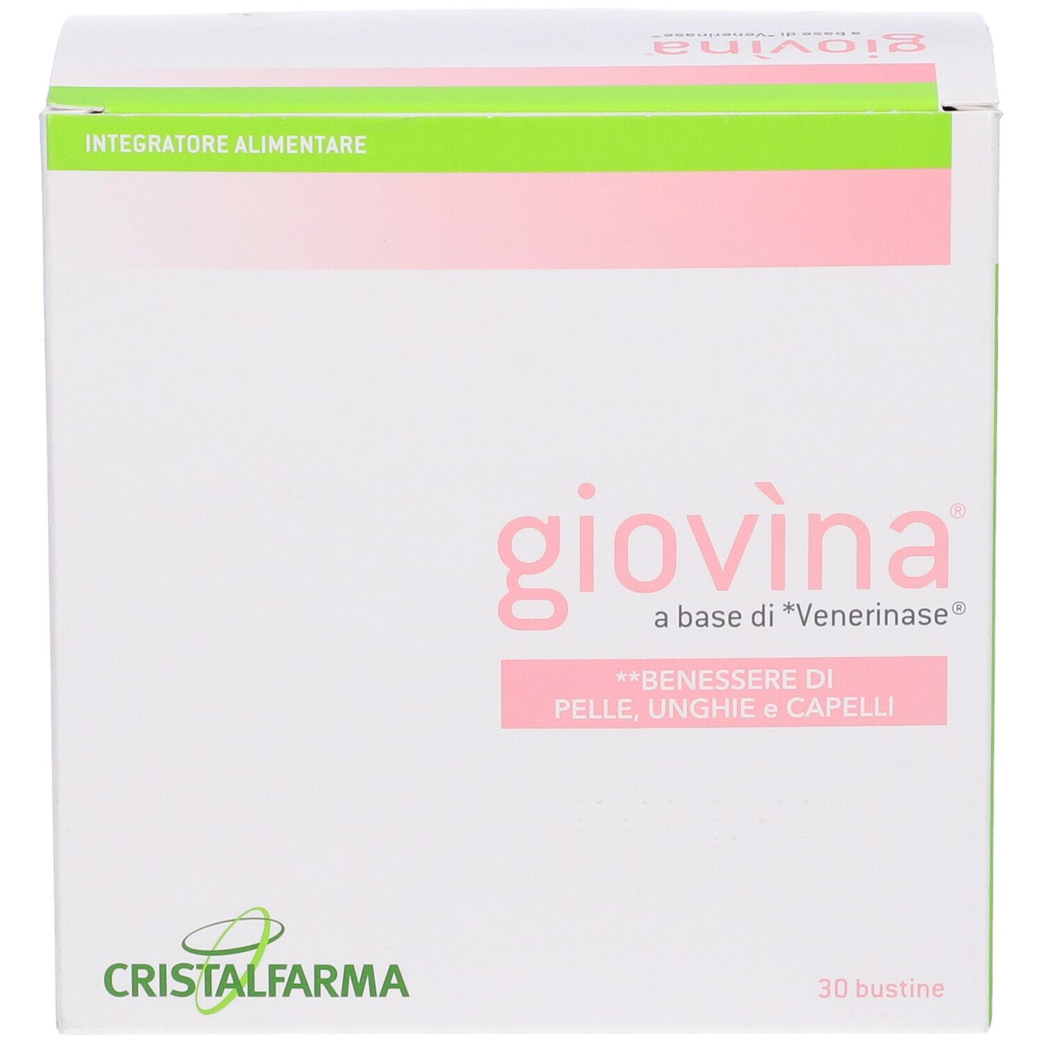 Scatola bianca con dettagli rosa e verdi. Scritta: Giovina, 30 bustine. Marchio: CristalFarma.