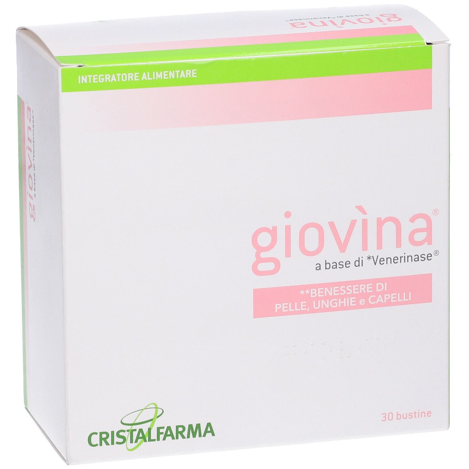 Scatola bianca con dettagli rosa e verdi. Scritta: Giovina, 30 bustine. Marchio: CristalFarma.