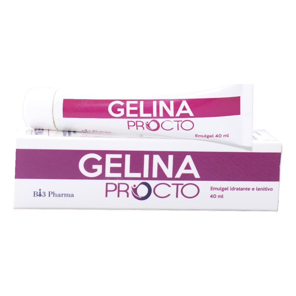 Tubo e scatola con stampa del prodotto. Scritta: Gelina Procto, Emulgel 40 ml.