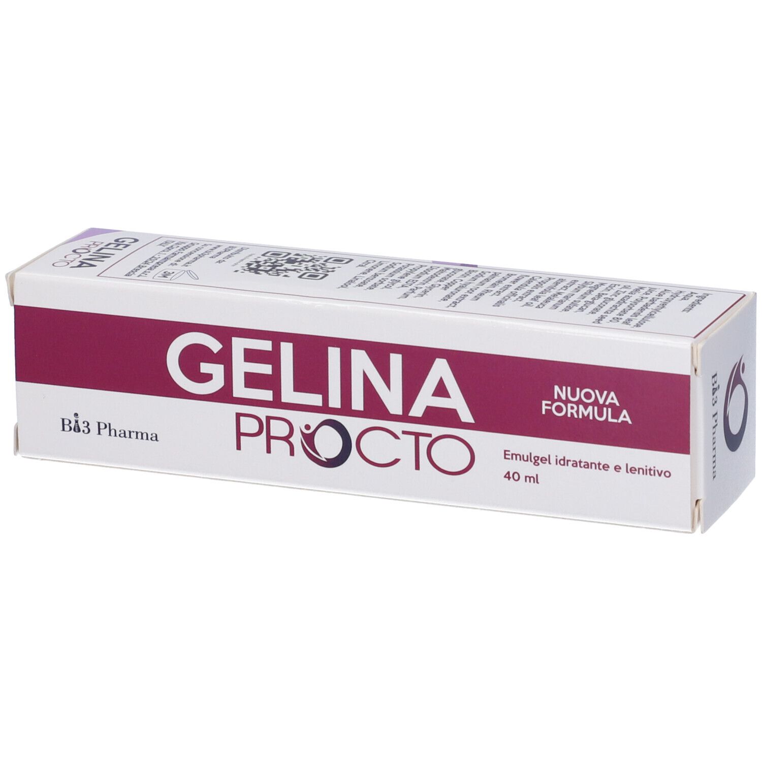Scatola con stampa del prodotto. Scritta: Gelina Procto, Nuova Formula, Emulgel 40 ml.