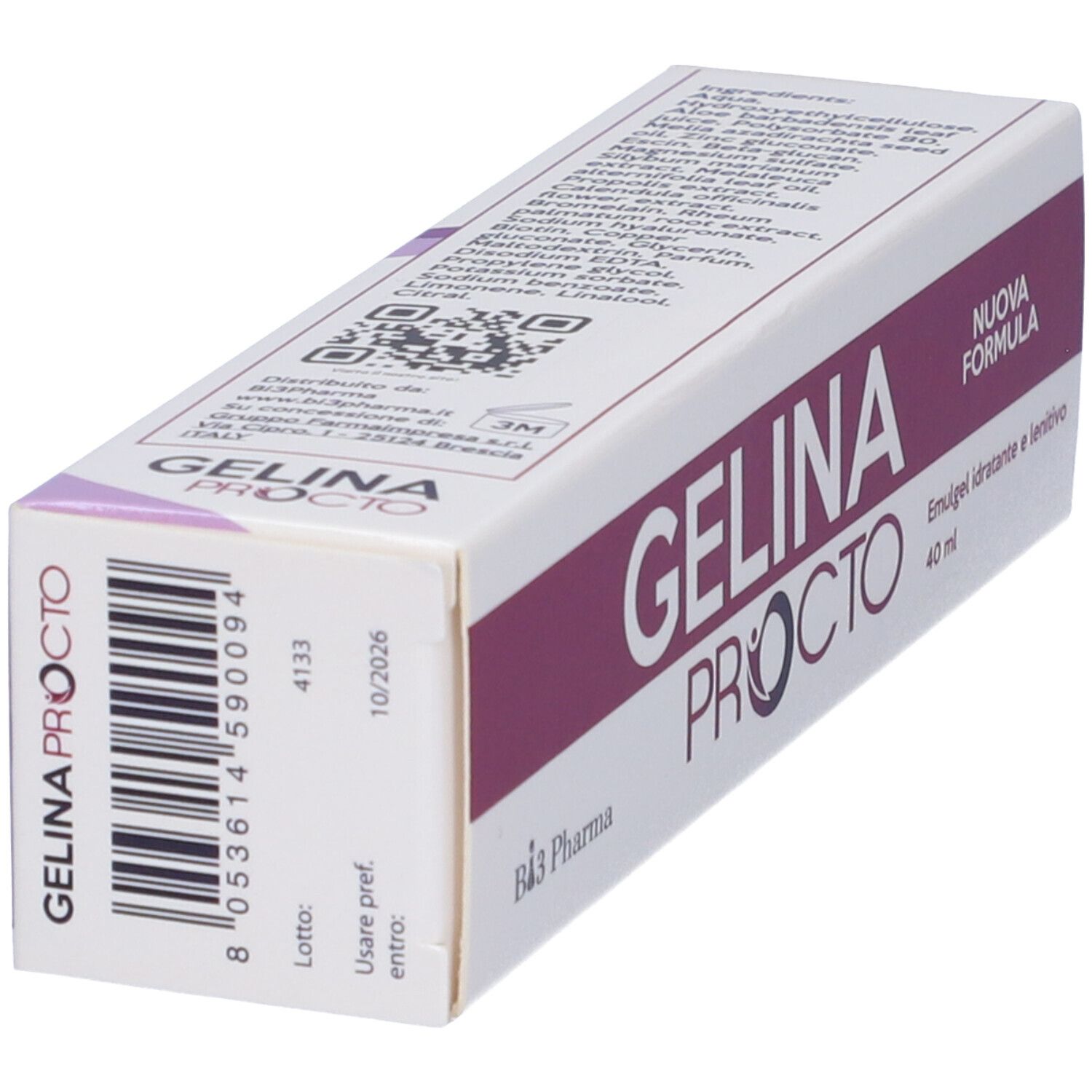 Scatola con stampa del prodotto. Scritta: Gelina Procto, Nuova Formula, Emulgel 40 ml. Codice QR.