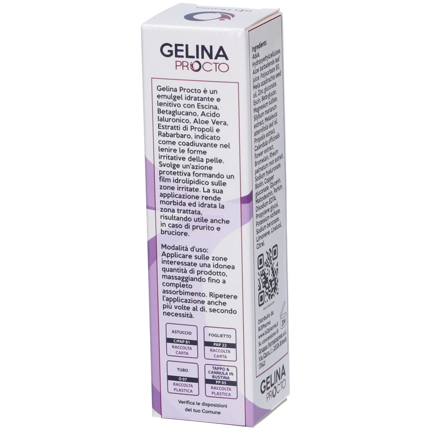 Scatola con stampa del prodotto. Scritta: Gelina Procto, Emulgel 40 ml. Testo su ingredienti e utilizzo.