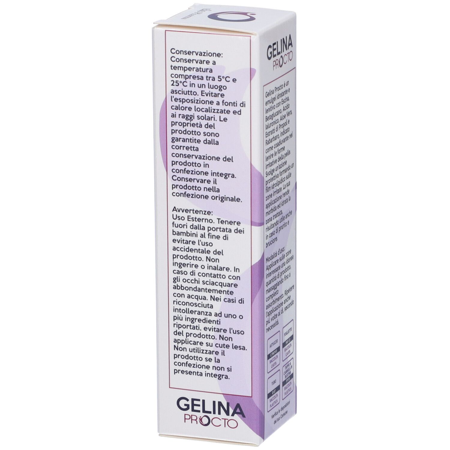 Scatola con stampa del prodotto. Scritta: Gelina Procto, Emulgel 40 ml. Testo su utilizzo e avvertenze.