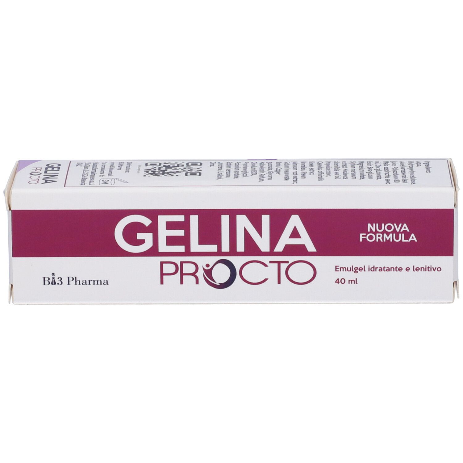 Scatola con stampa del prodotto. Scritta: Gelina Procto, Nuova Formula, Emulgel 40 ml.